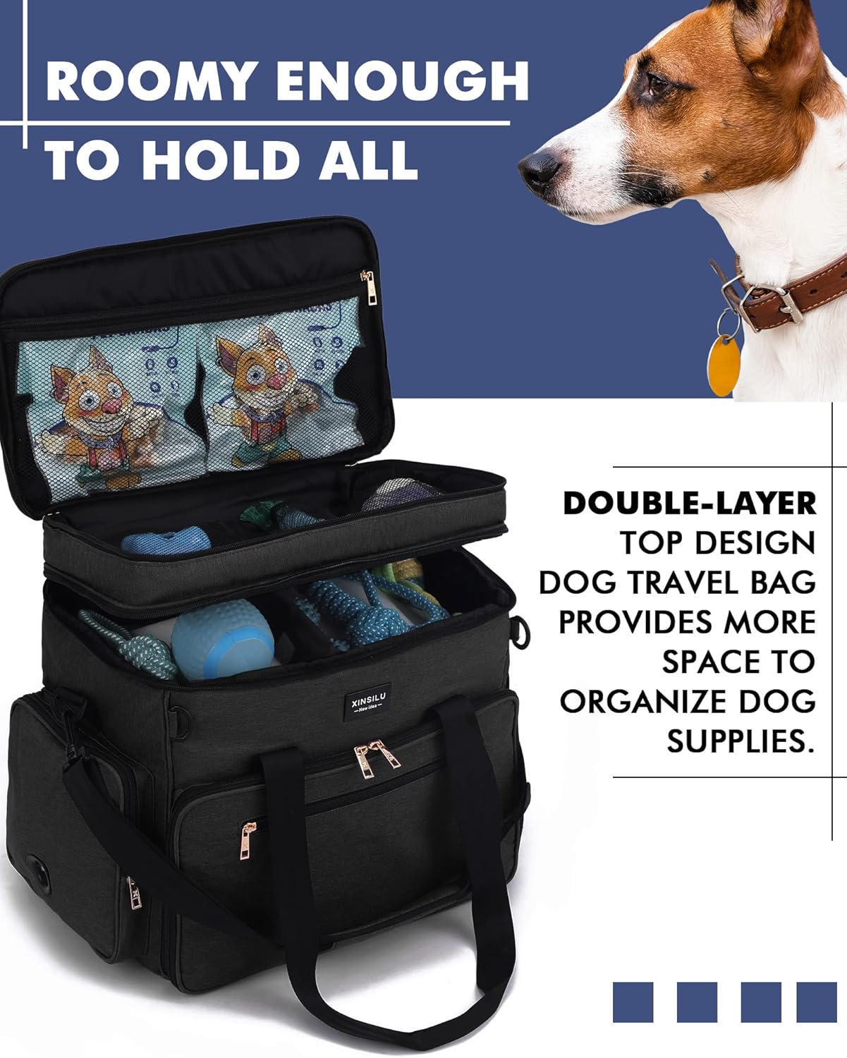 Bolsa de viaje grande para perros, organizador de accesorios de doble capa para una semana y noche con 2 cuencos plegables para perros, 2 portadores