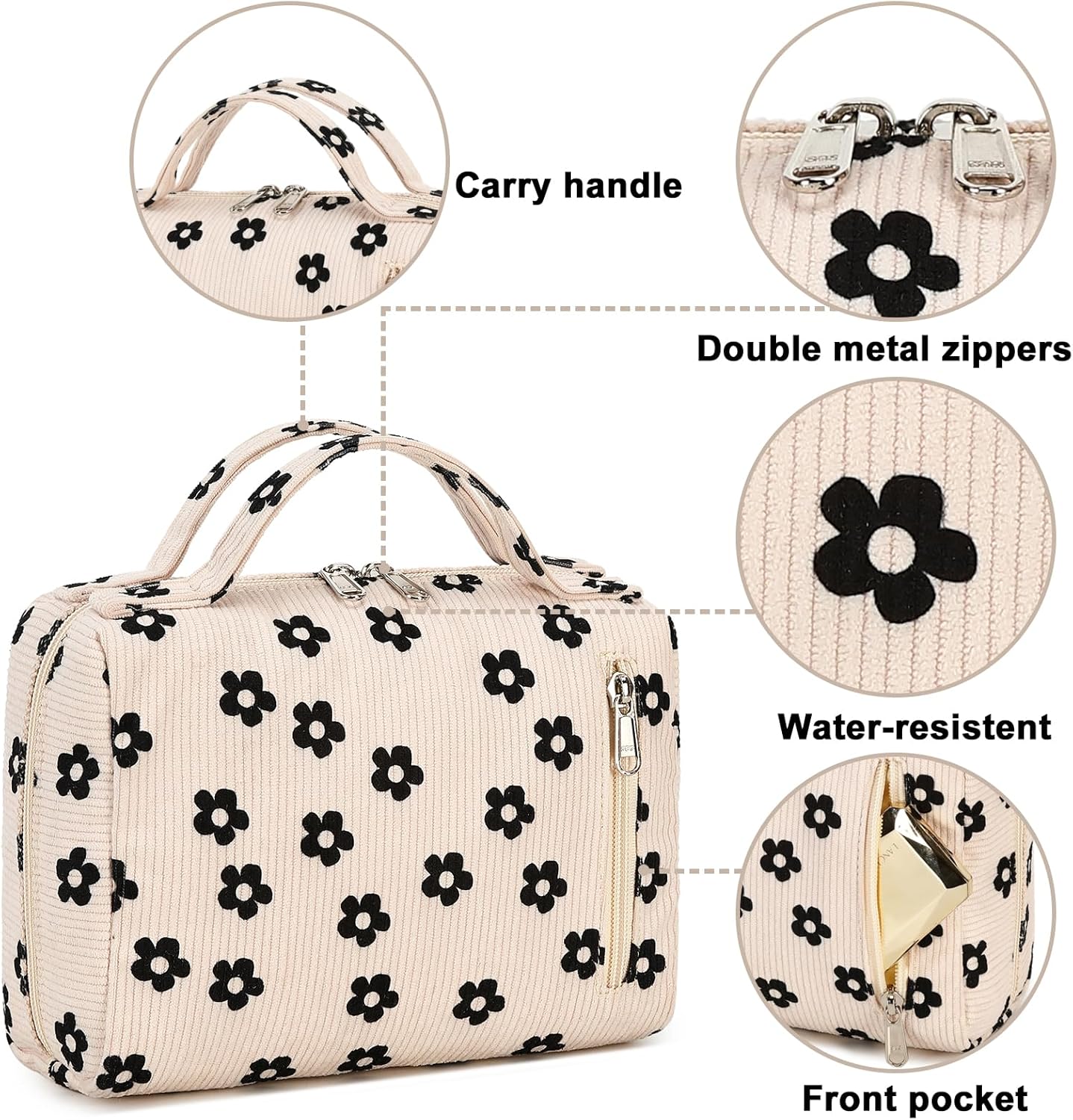 Bluboon Bolsa de maquillaje con cremallera, bolsa de viaje portátil para cosméticos para mujeres y niñas, Florete de pana, Flowerrs