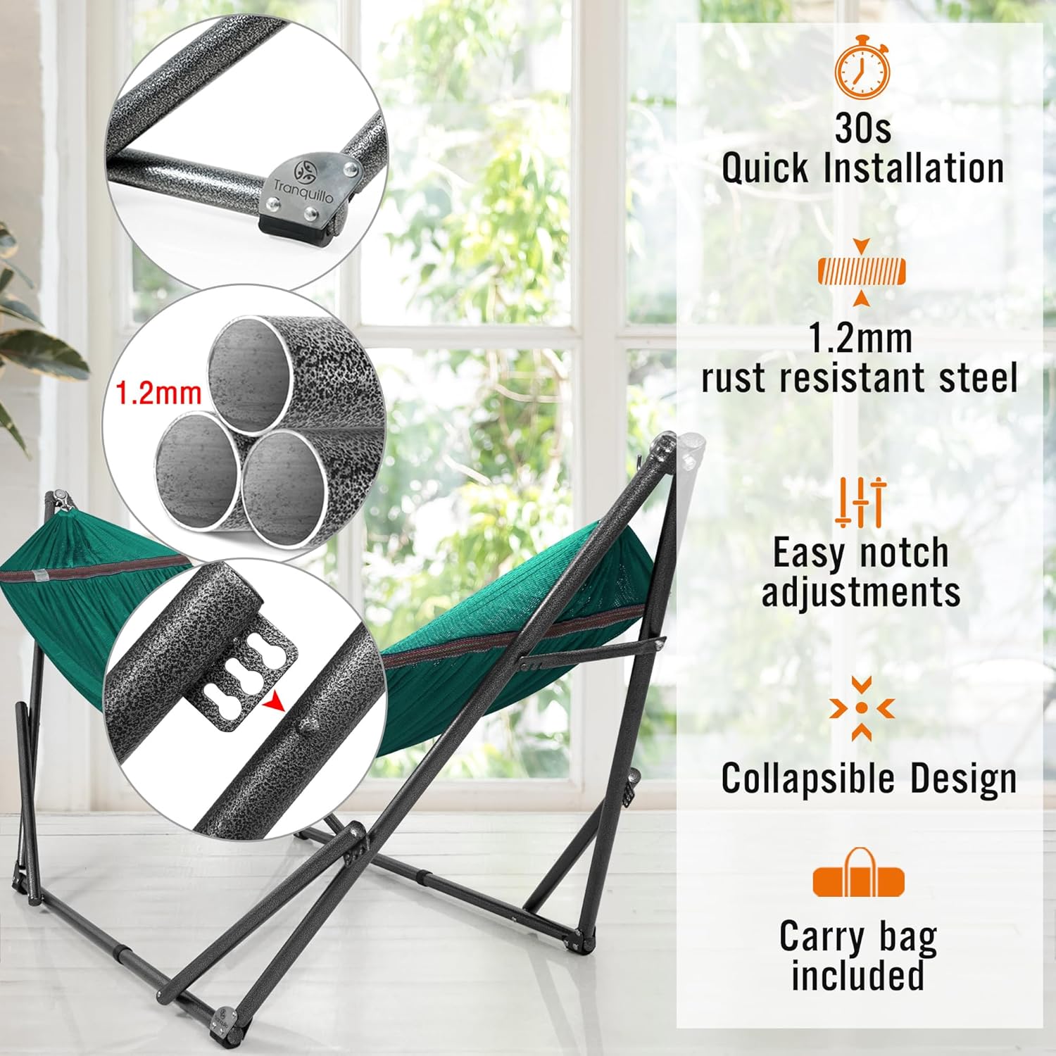 Tranquillo Hamaca doble con soporte incluido para 2 personassoporte plegable para hamaca de 600 libras de capacidad, estuche portátil – Interior,