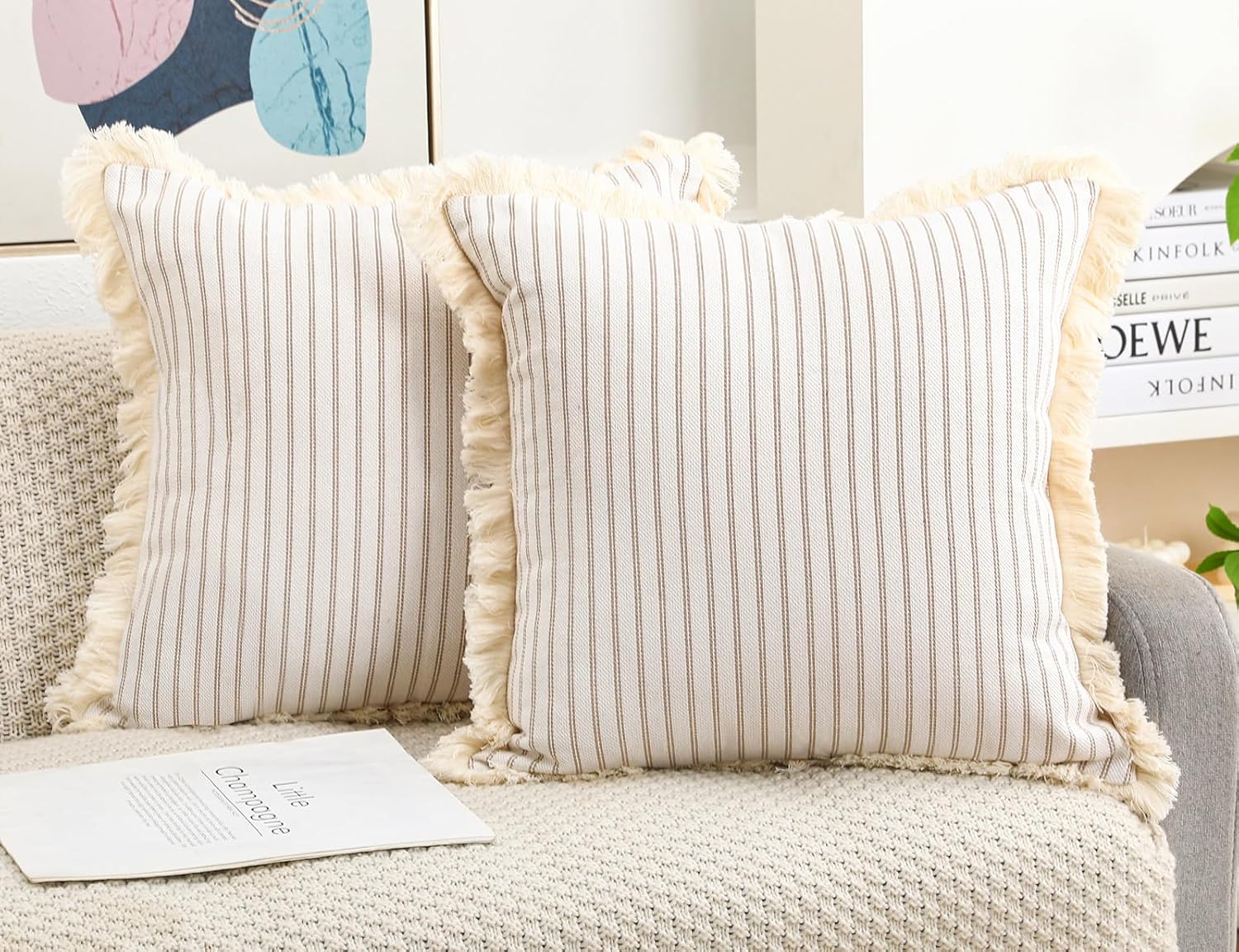 Juego de 2 fundas de almohada bohemias de color caqui de 22 x 22 pulgadas, almohada neutra de algodón con flecos de borlas, funda de cojín