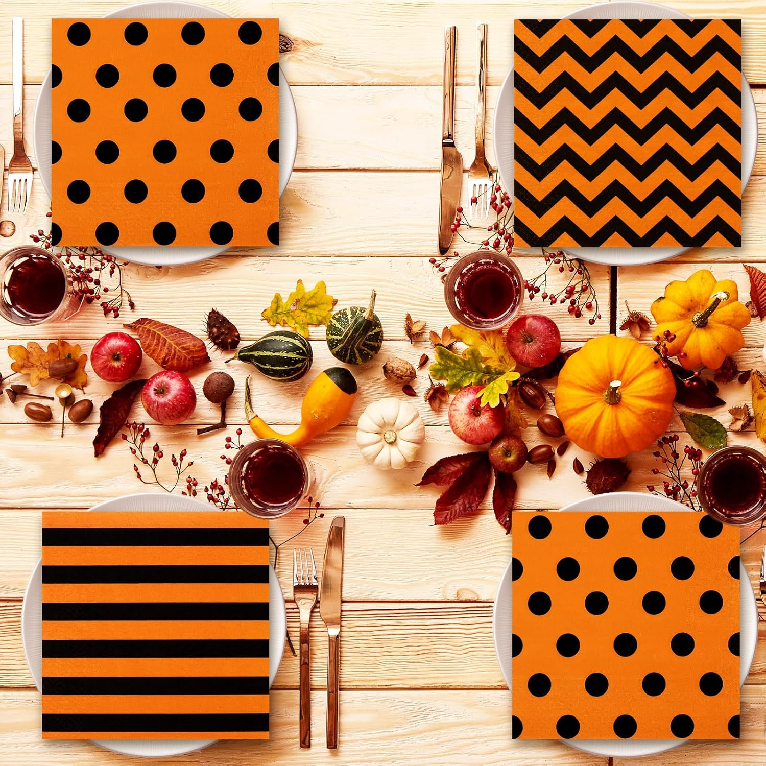 Whaline Servilletas de papel de Halloween de 6.5 pulgadas, color naranja y negro, con rayas, lunares, servilletas de almuerzo geométricas