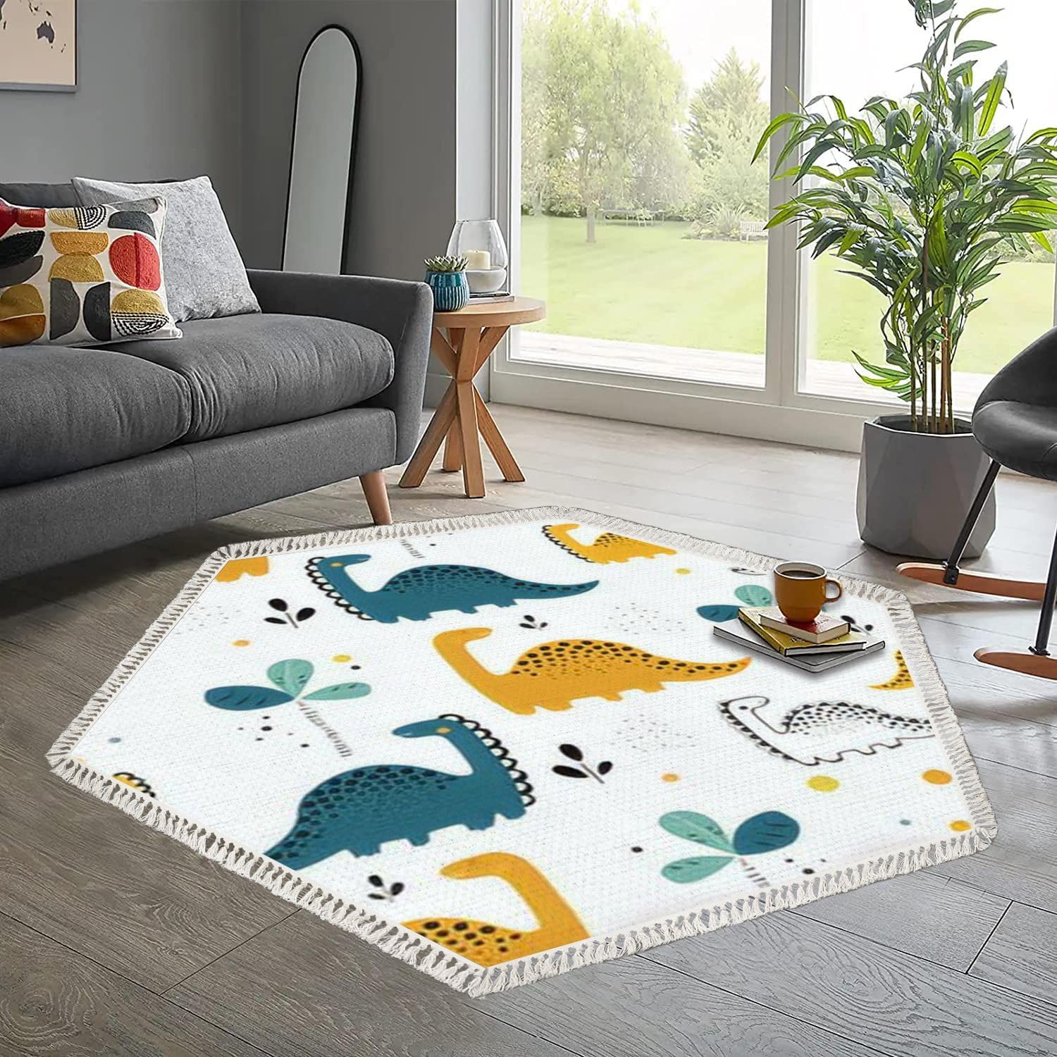 Alfombra hexagonal bohemia para niños, dibujada a mano, estilo escandinavo, con borlas, alfombra de meditación, lavable, alfombra de pasillo para