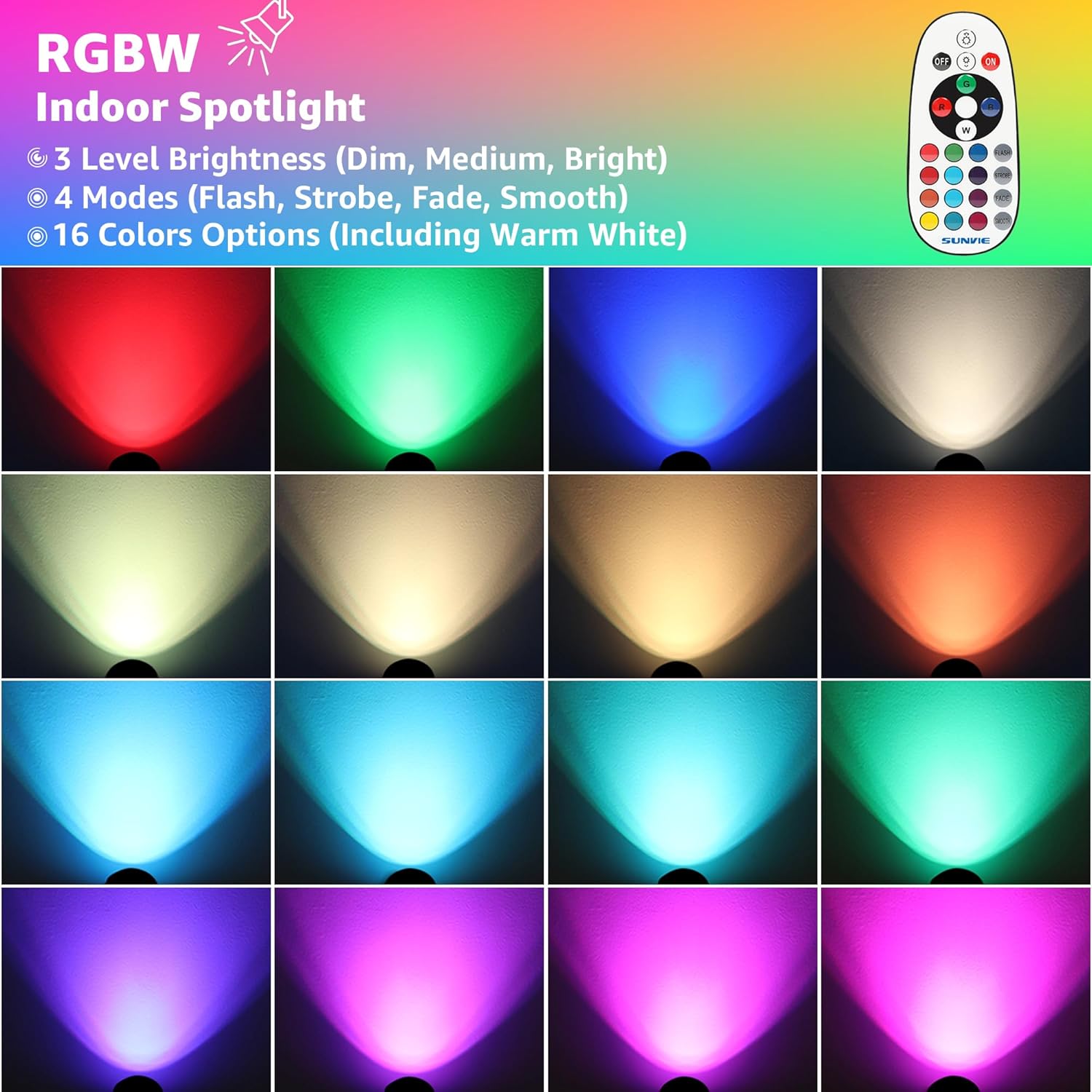 SUNVIE RGBW – Luces de punto para interiores de 6 W con control remoto, 16 luces que cambian de color para interiores de 120 V, focos LED de
