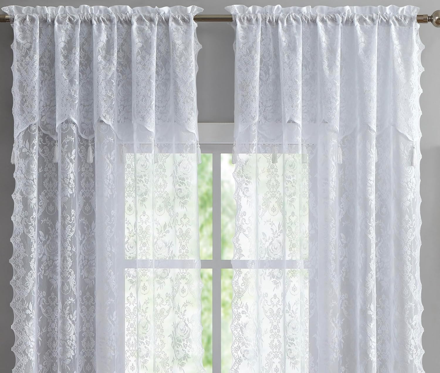 LINENZONE Par de 2 paneles de cortina de encaje con cenefa adjunta y 6 borlas. Cortinas de encaje transparente para sala de estar, comedor,