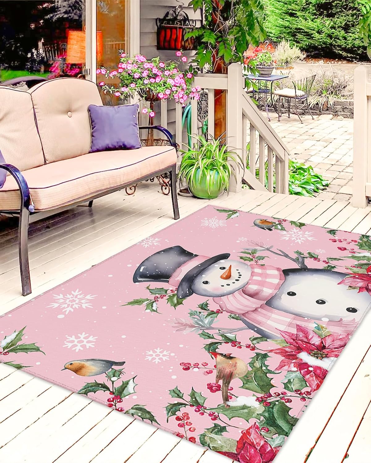 Outdoor Rug Carpet Waterproof 6×9 ft Area Rug, Pink Christmas Poinsettia Flower Berries Snowflake Large Floor Mat for Patio Balcony Living Room