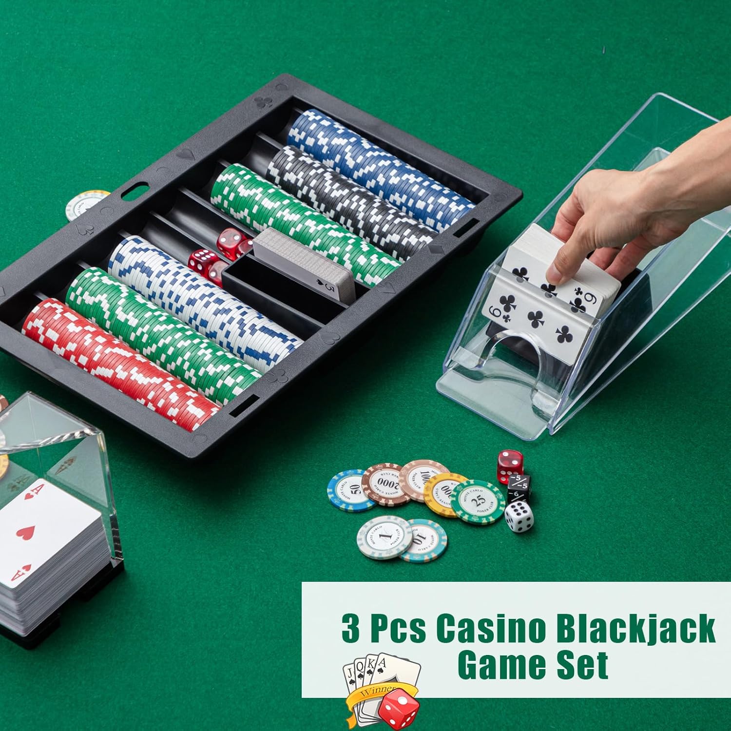 Honoson Bandeja de fichas de póquer de plástico, bandeja de fichas de distribuidor de póquer negro con 6 zapatos de blackjack y bandeja de desecho,