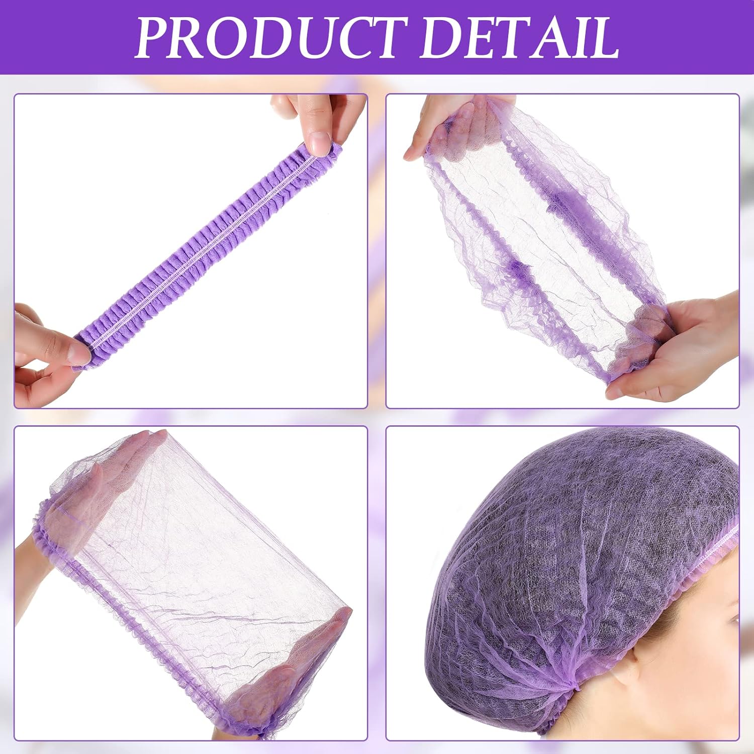 100 gorras para el cabello de 21 pulgadas, no tejidas, red elástica, para cubrir el cabello, sombreros para cosméticos, salón de belleza (morado)
