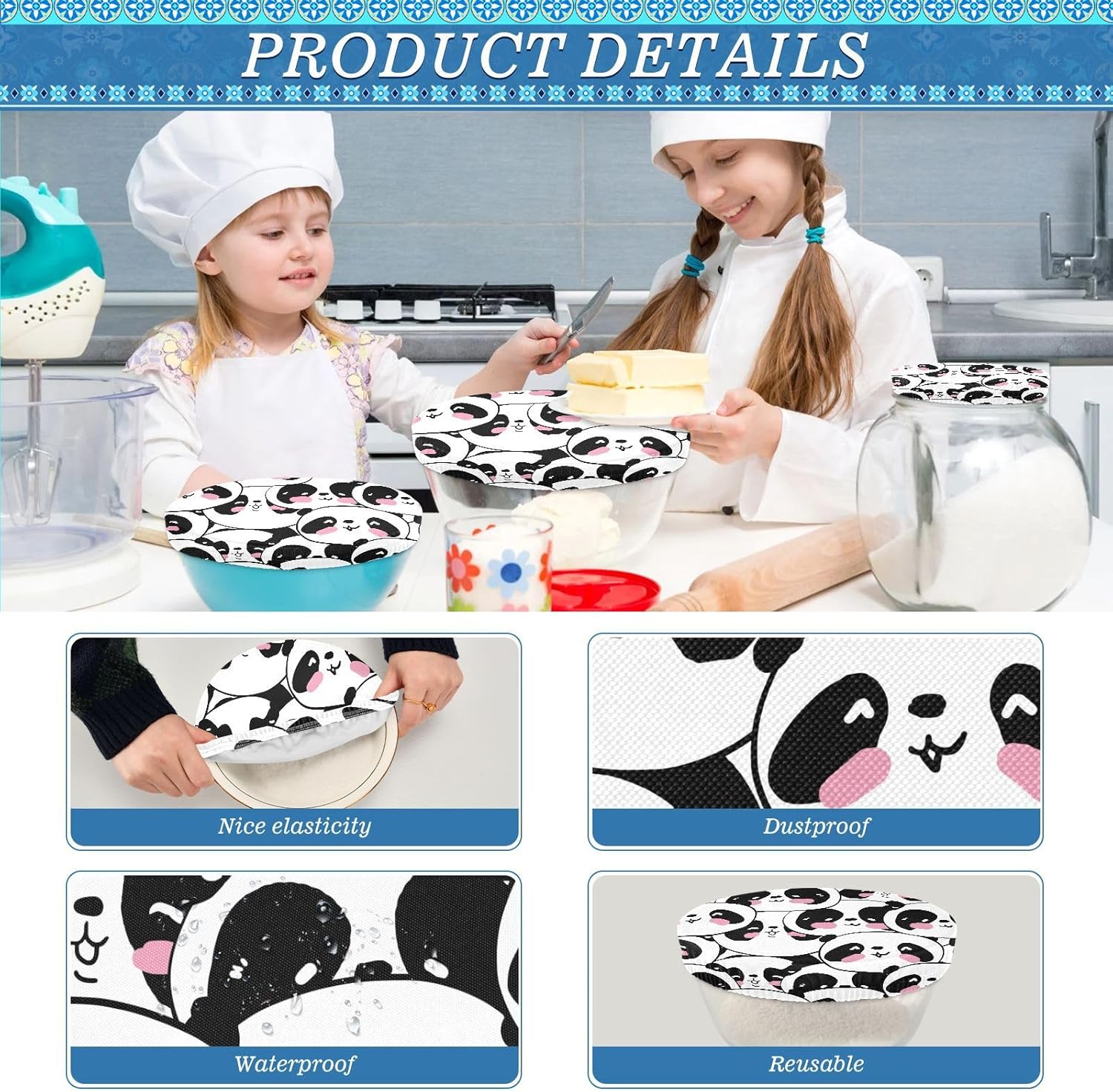 Panda 5PCS Reusable Elastic Bowl Covers for Food Storage Stretch Cloth Fabric Lids with 5 Different Sizes Heat Resistant Food Lids for Fruits