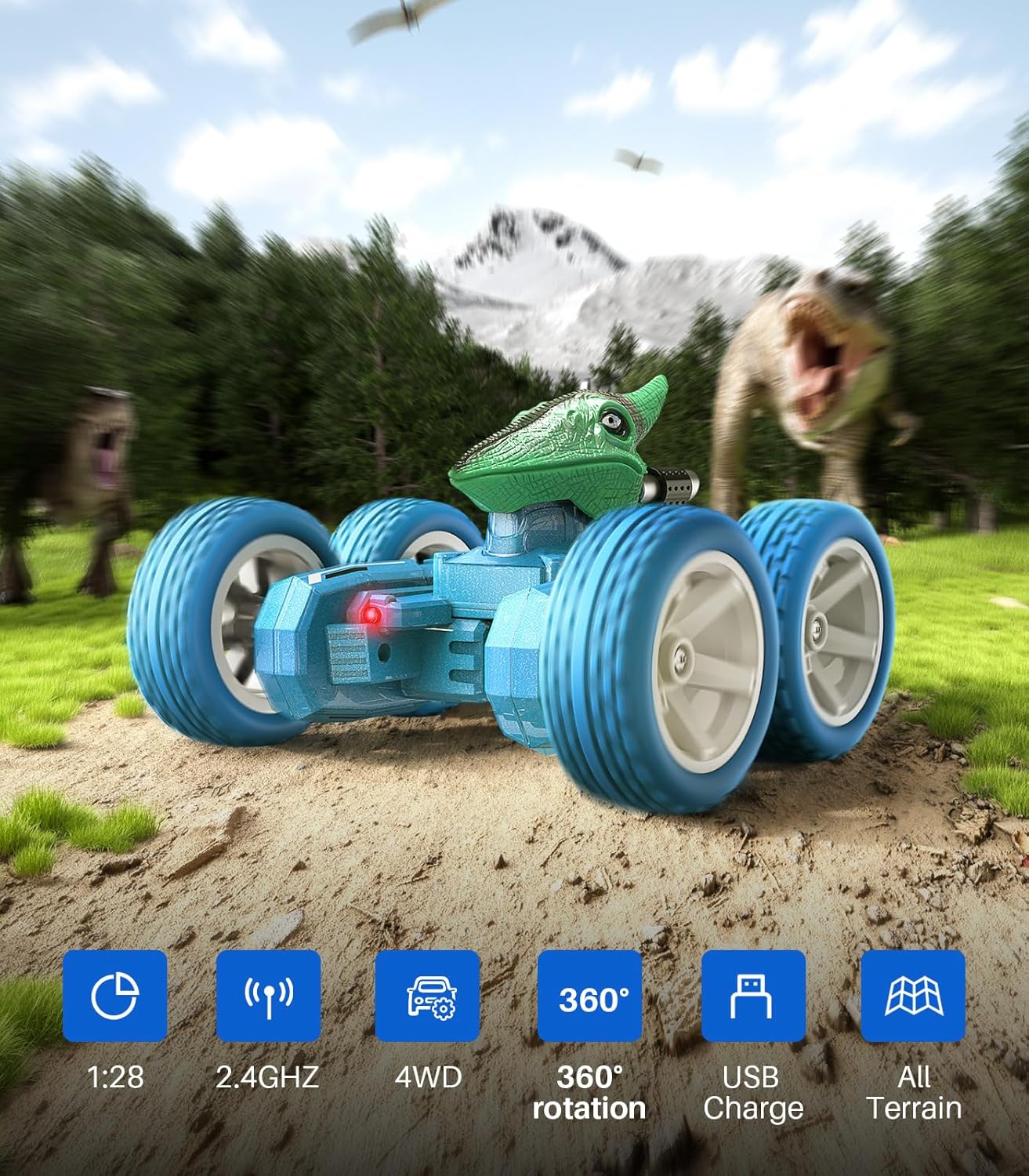 Mini auto de control remoto, dinosaurio a control remoto, juguete de camión para niños pequeños a escala 128 con luz, 4WD, 2.4 Ghz recargable, todos