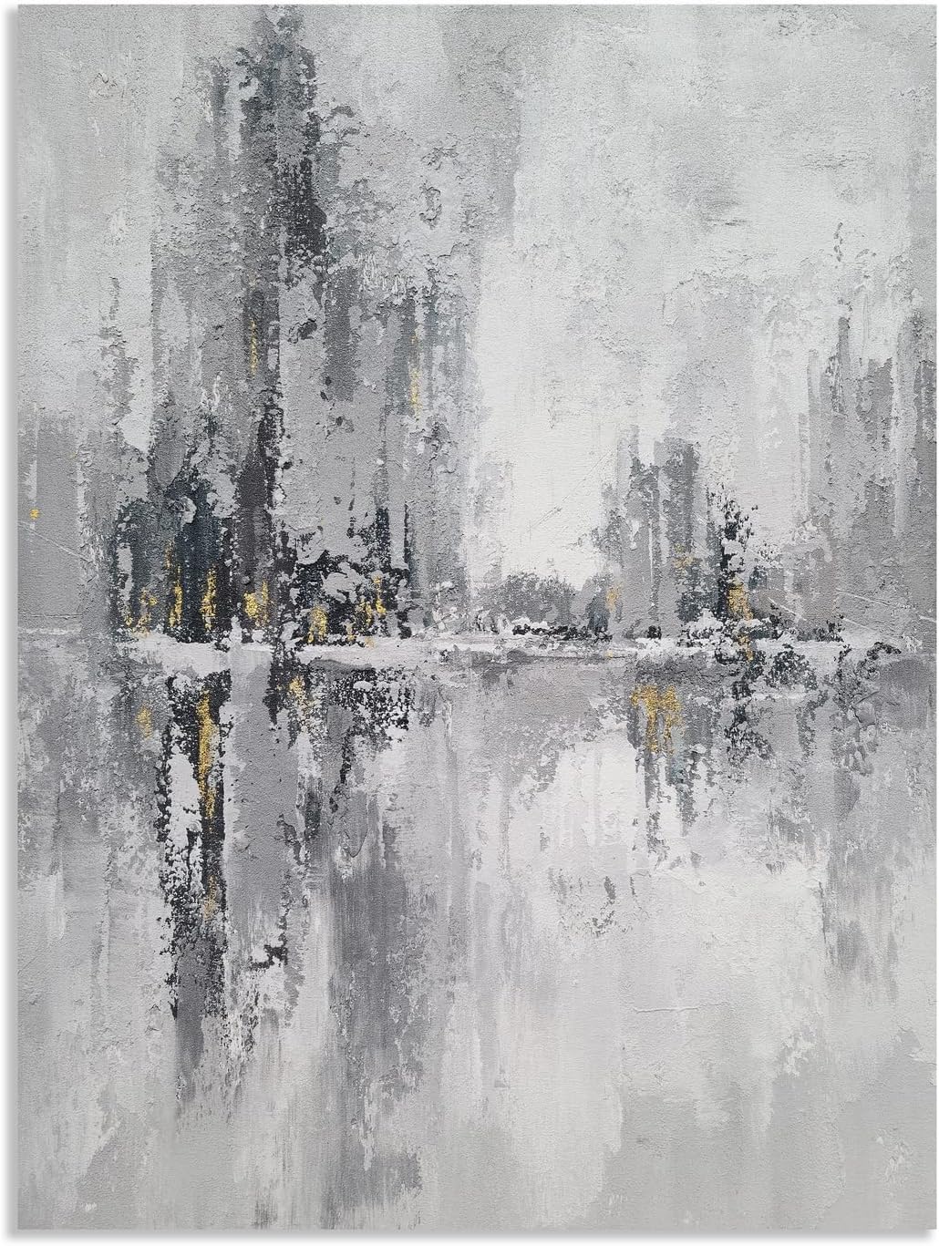 YHSKY ARTS Lienzo decorativo para pared, pintura al óleo abstracta pintada a mano con lámina dorada, imágenes verticales de ciudad para sala de