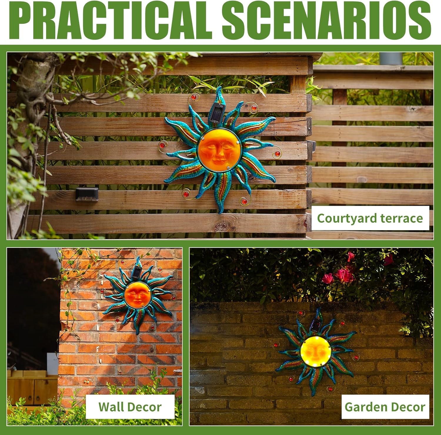 Fashionoda Arte de pared de cara solar de 18 pulgadas, escultura de sol de metal con luces LED y cara sonriente, decoración para colgar en la pared