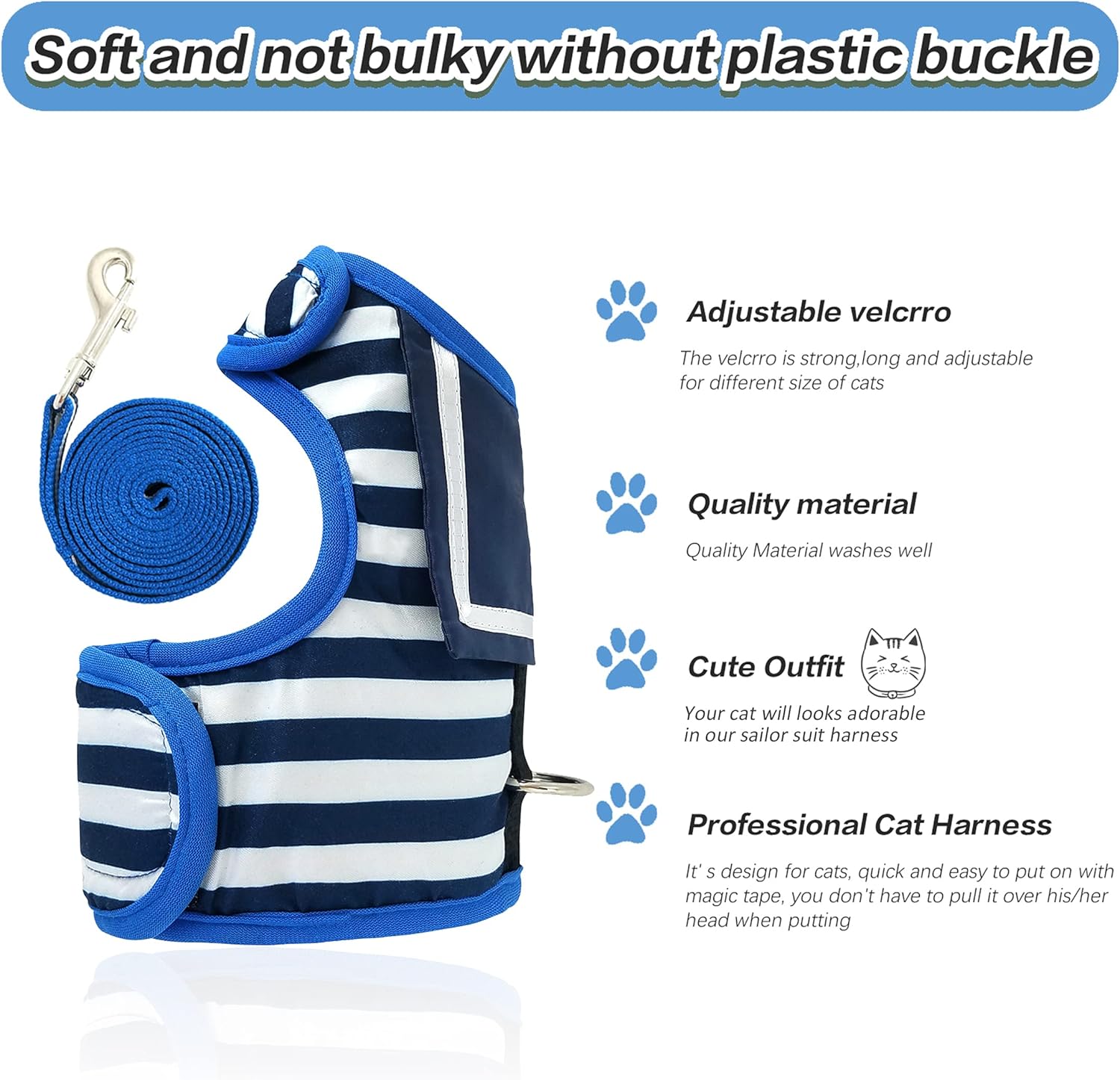 Arnés de gato con correa, ajustable para gatos, chaleco acolchado para gatos, Traje marinero azul marino