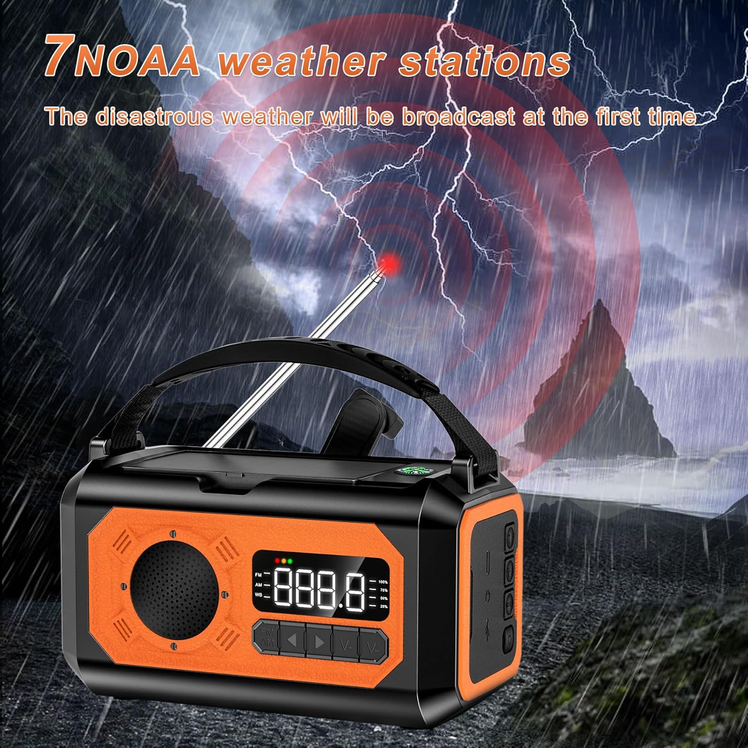 Radio de emergencia con manivela de 12000 mAh, radio meteorológica AMFMNOAA, radio de emergencia, radio solar multifuncional, 2 paneles solares,