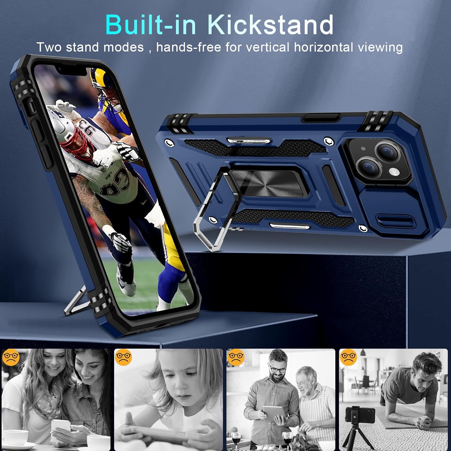 DEERLAMN Funda para iPhone 13, iPhone 14 con cubierta deslizante para cámara + protector de pantalla (2 unidades), soporte de anillo giratorio de