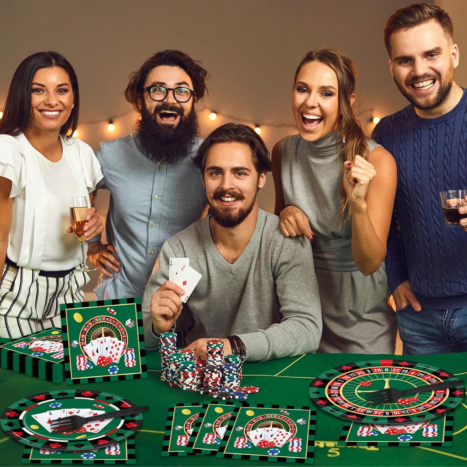 Juego de vajilla de 96 piezas con temática de casino para fiestas de cumpleaños de Las Vegas, tarjetas de póquer, tarjetas de póquer, fiesta de