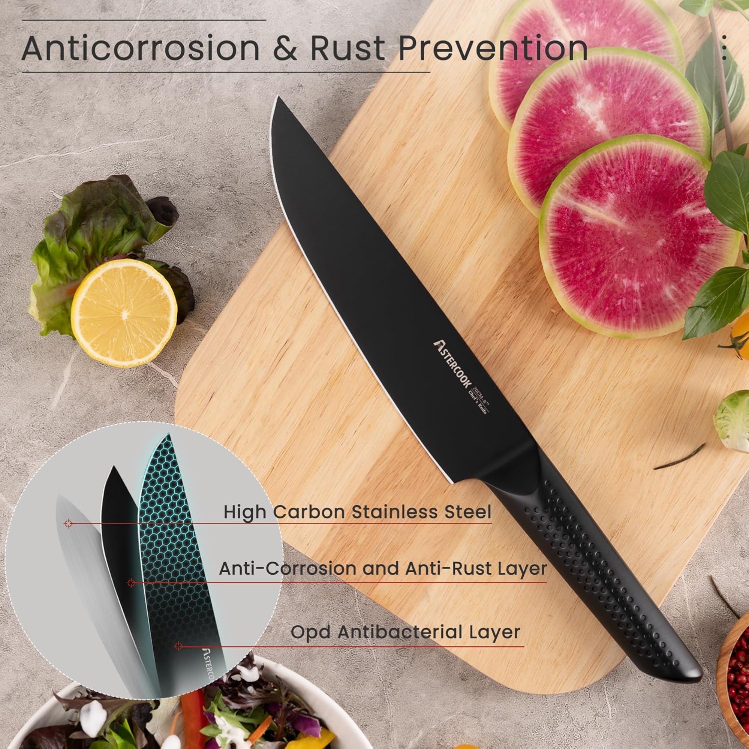 Astercook Juego de cuchillos de cocina, juego de cuchillos de chef de 15 piezas con bloque, mango de acero inoxidable alemán, diseño de una sola