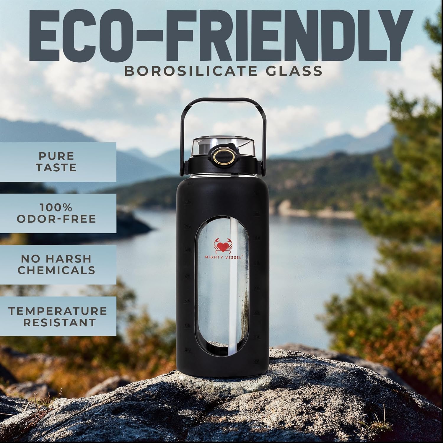 Botellas de agua de vidrio a prueba de fugas de 64 oz – Botella de agua de vidrio grande de borosilicato con popote y marcadores de tiempo – Botella