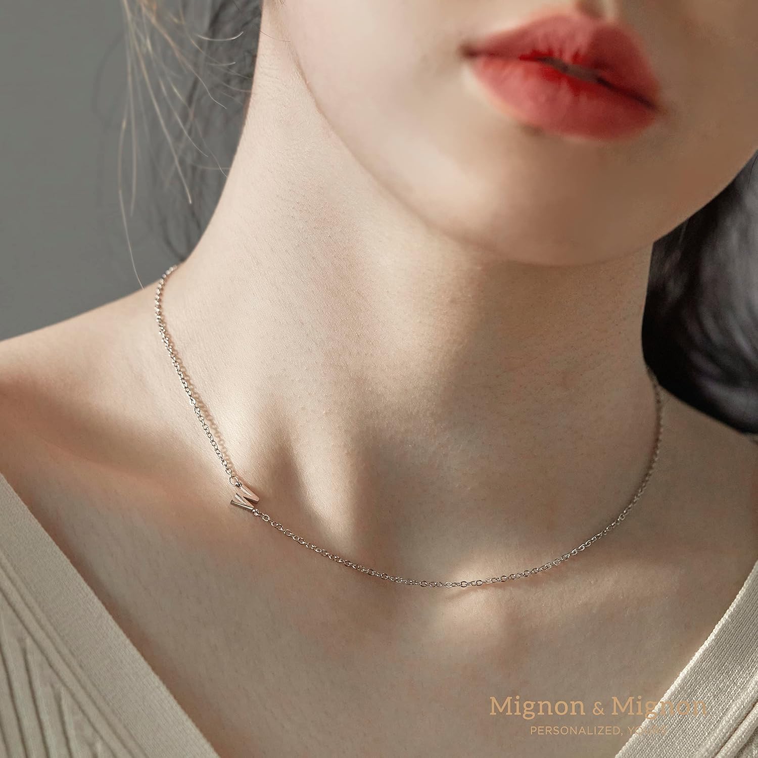 MignonandMignon Sideways Tiny Initial Necklace  Off Center Letter  Personalized Name  Mothers Day Perfect Gift for Mom -SIN