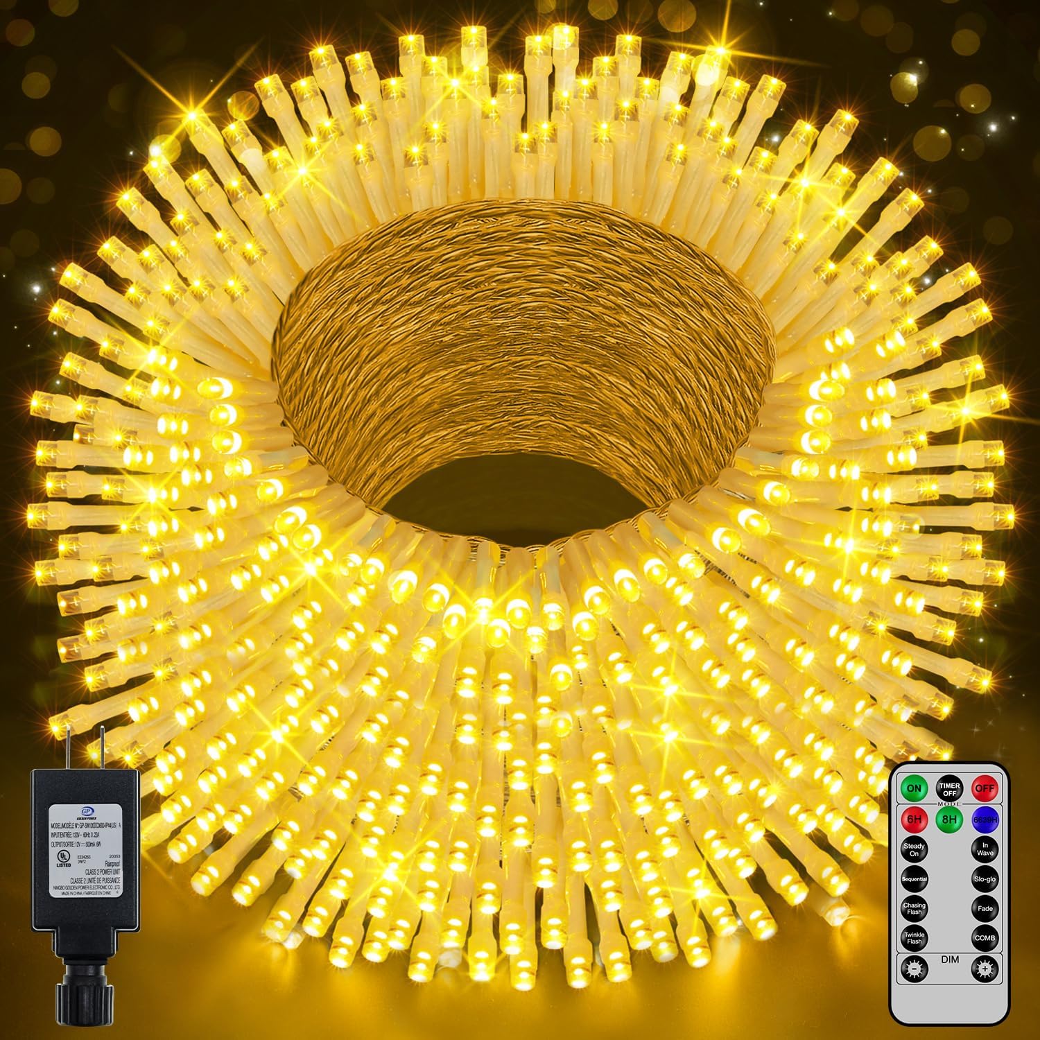 1000 luces LED de Navidad para exteriores, 328 pies, 8 modos, impermeables, con control remoto y temporizador, luces blancas cálidas para bodas,