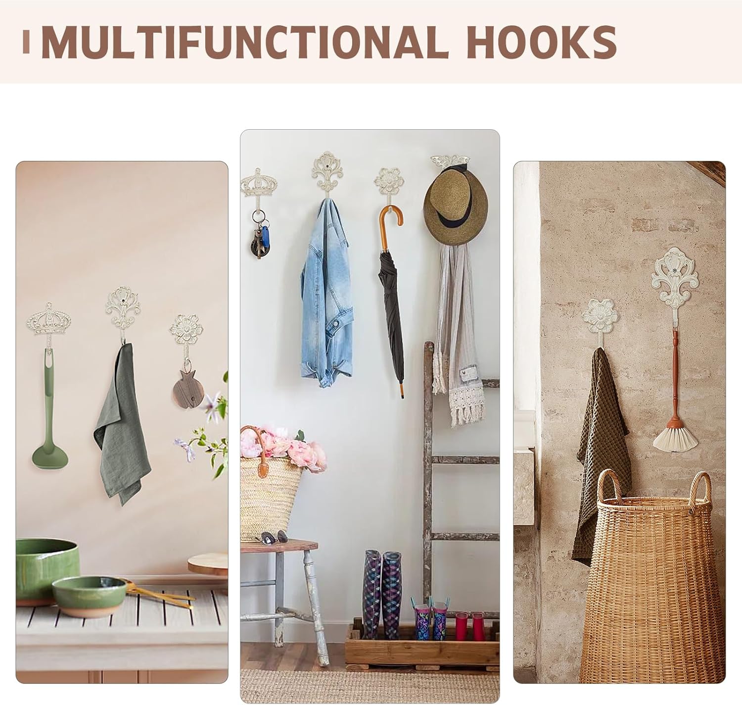 4 ganchos decorativos de pared vintage, gancho rústico de hierro fundido montado en la pared, ganchos decorativos resistentes para jardín al aire