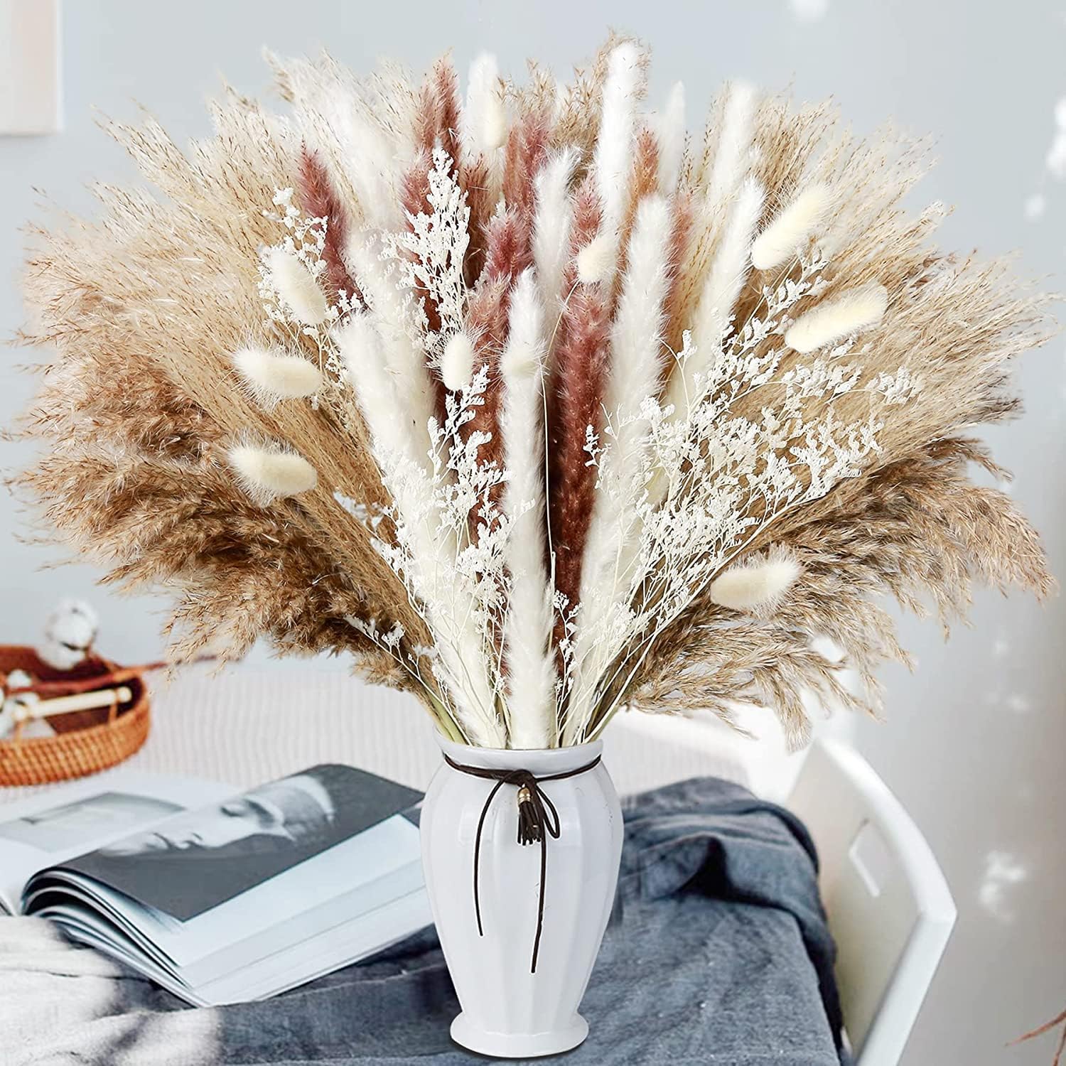 Decoración de hierba seca de las pampas, cola de conejo, flores secas de caña, 80 unidades, decoración de flores de hierba de las pampas para boda,