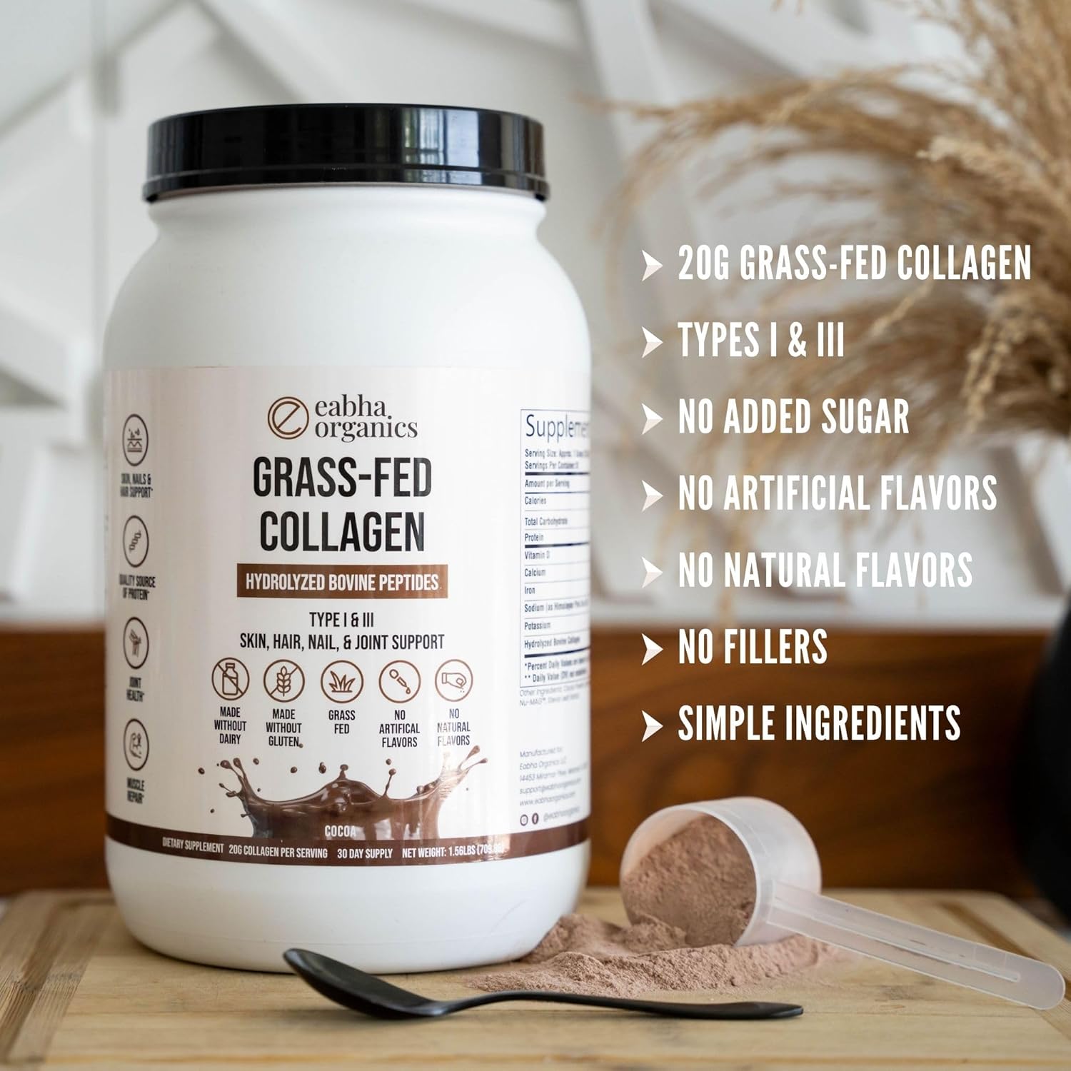Grass-Fed Chocolate Collagen (Types I & III) for Healthy Skin, Hair, Nails, and Joints – Aids Muscle Recovery – 30 Day Supply – 18g of Protein per