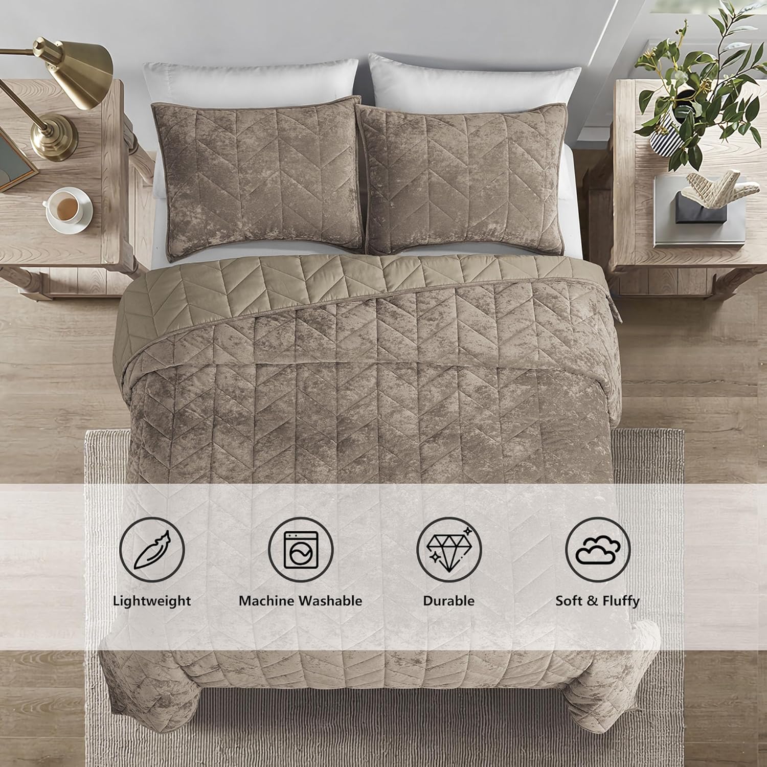 Juego de ropa de cama Queen  Edredón de terciopelo de lujo para verano, tamaño matrimonialqueen, colchas desgastadas color caqui tamaño Queen