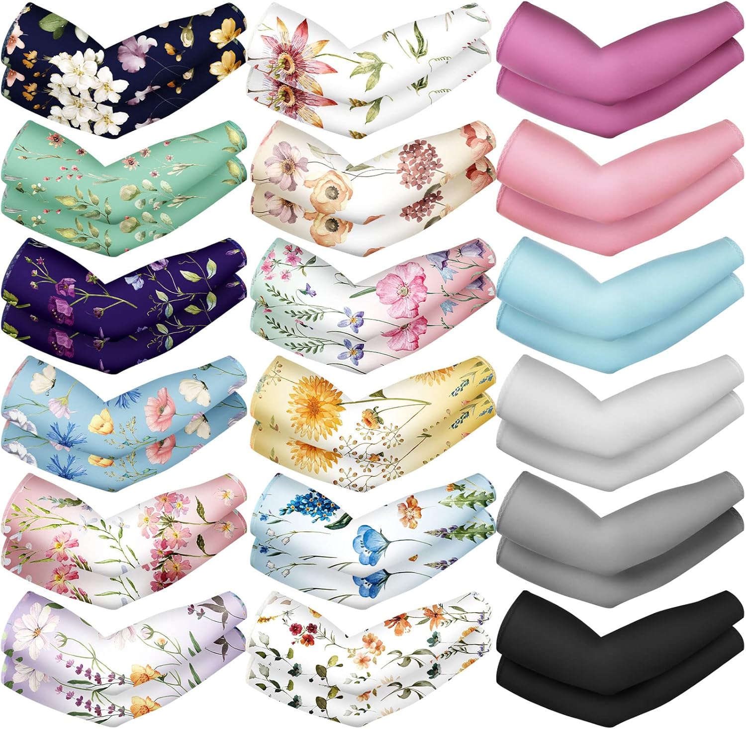 18 pares de mangas de brazo de jardinería con protección solar UV para mujeres y hombres, patrón de flores, mangas de enfriamiento de color sólido,