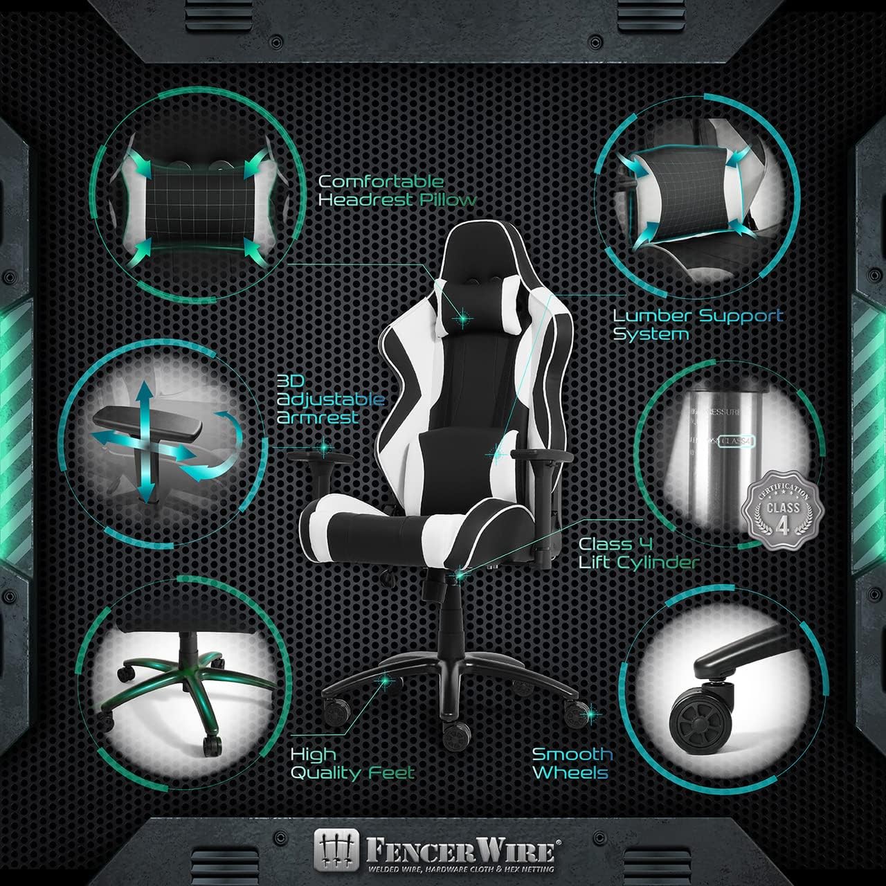 Fencer Wire Silla ergonómica para videojuegos de lujo, silla ergonómica de cuero con respaldo alto, altura ajustable con elevación de gas comercial,