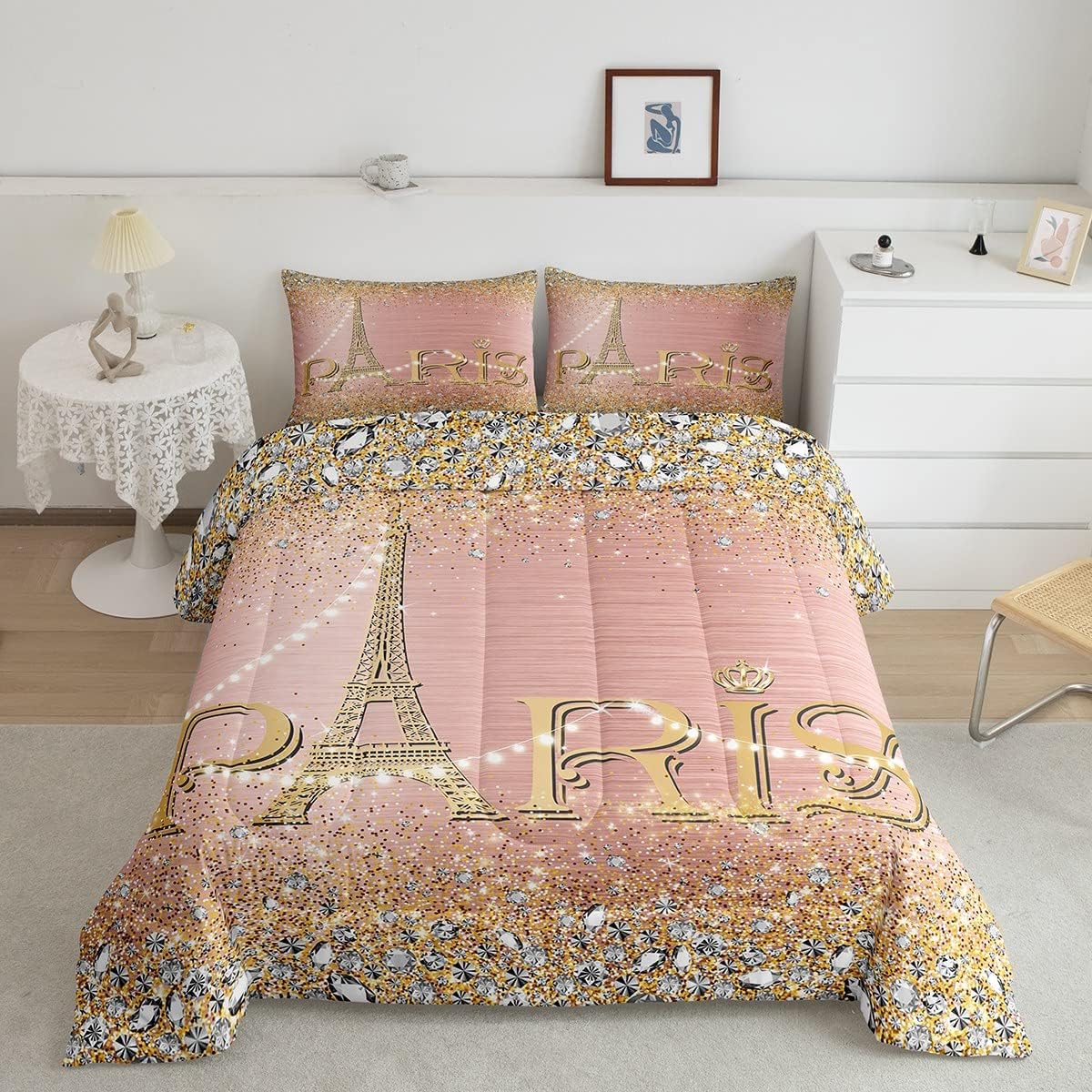 Juego de ropa de cama de tamaño matrimonial de la Torre Eiffel, romántico juego de ropa de cama de la torre de París para adolescentes y adultos,