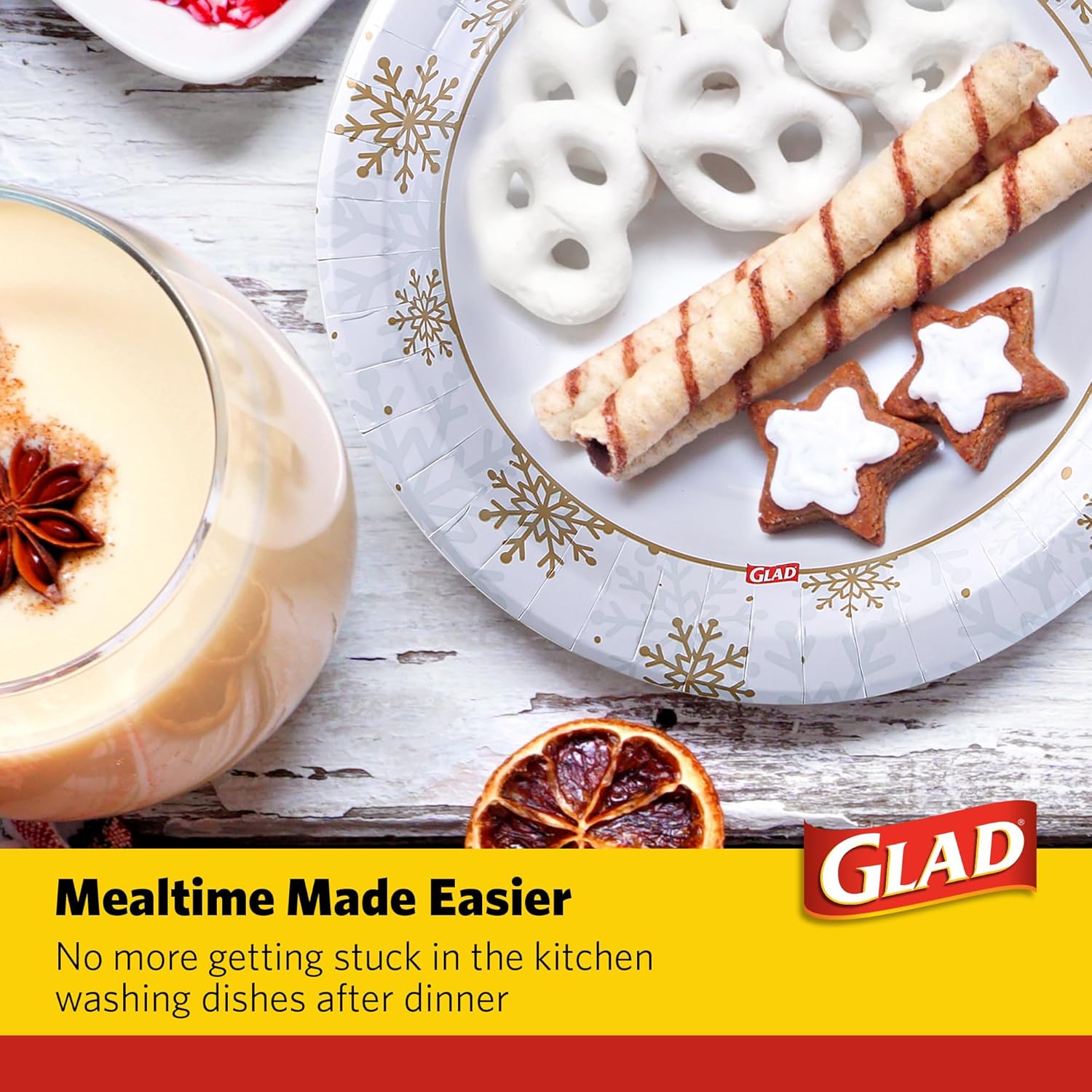 Glad Platos desechables Holiday Gold & Silver Snowflake  Resistentes, aptos para microondas para uso diario  10 pulgadas, 20 unidades