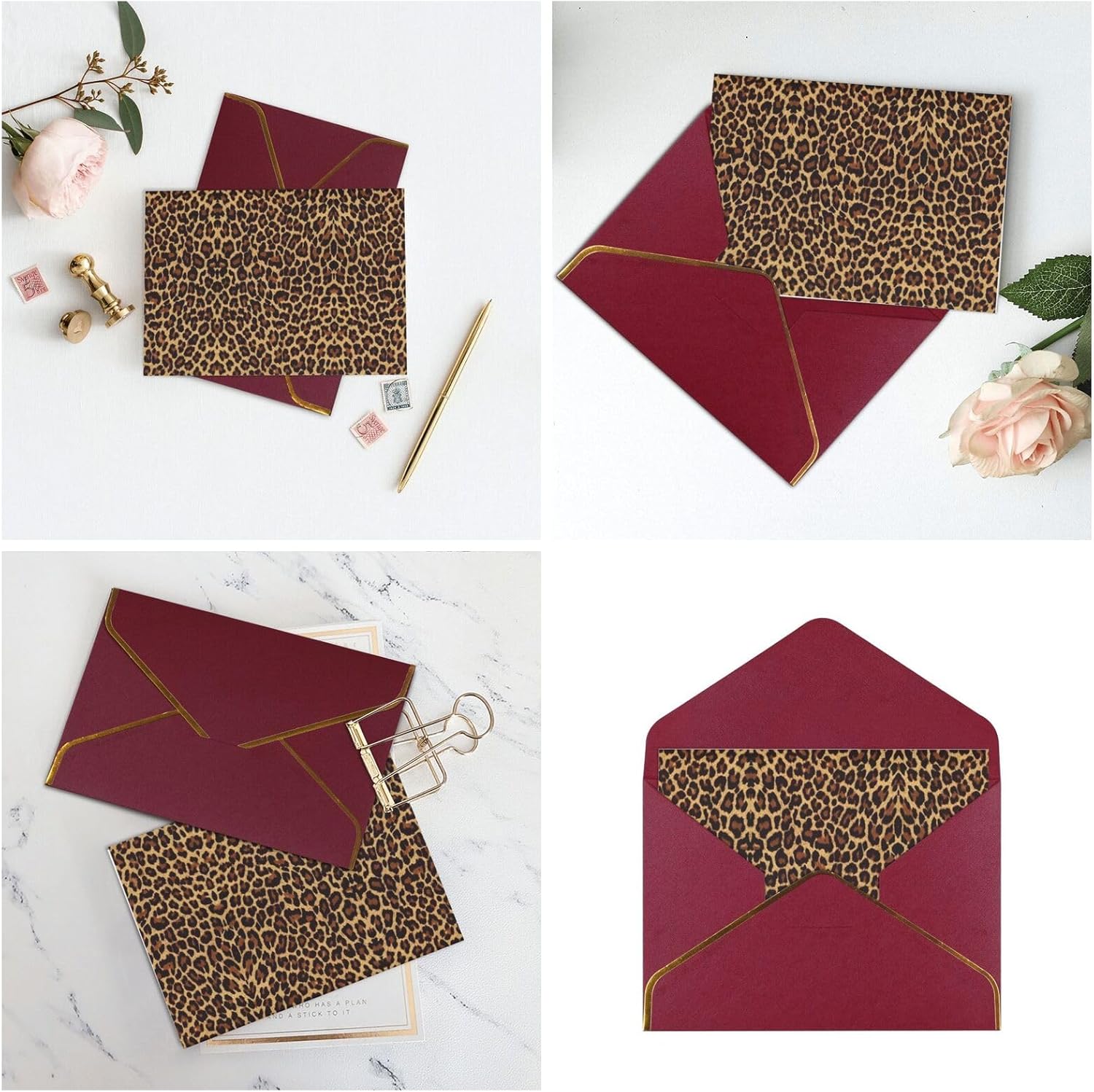 El leopardo modeló las tarjetas de agradecimiento de la impresión del papel pintado con los sobres, tarjeta de felicitación de papel perla, en
