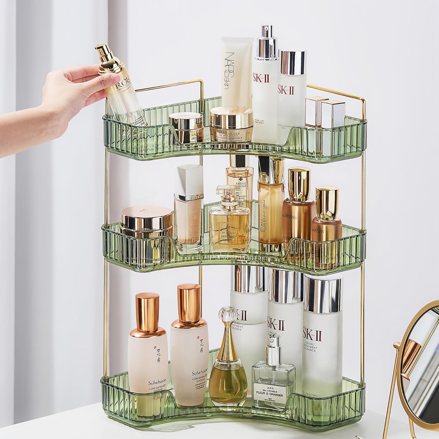 Organizador de maquillaje para esquina de baño, soporte organizador de maquillaje verde de 3 niveles, estante de perfume acrílico de gran capacidad,