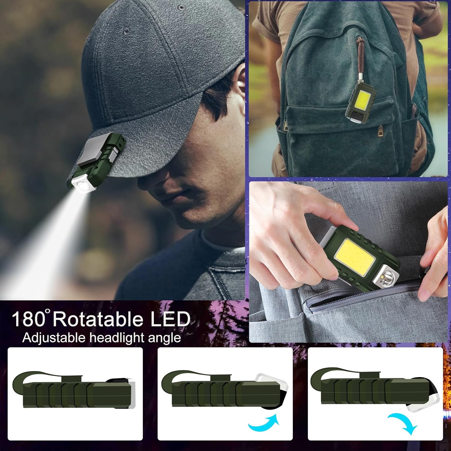 Mini linterna de 500 lúmenes, linterna de mano recargable, luz de llave giratoria de 180, 6 modos, diseño impermeable, para camping, senderismo,