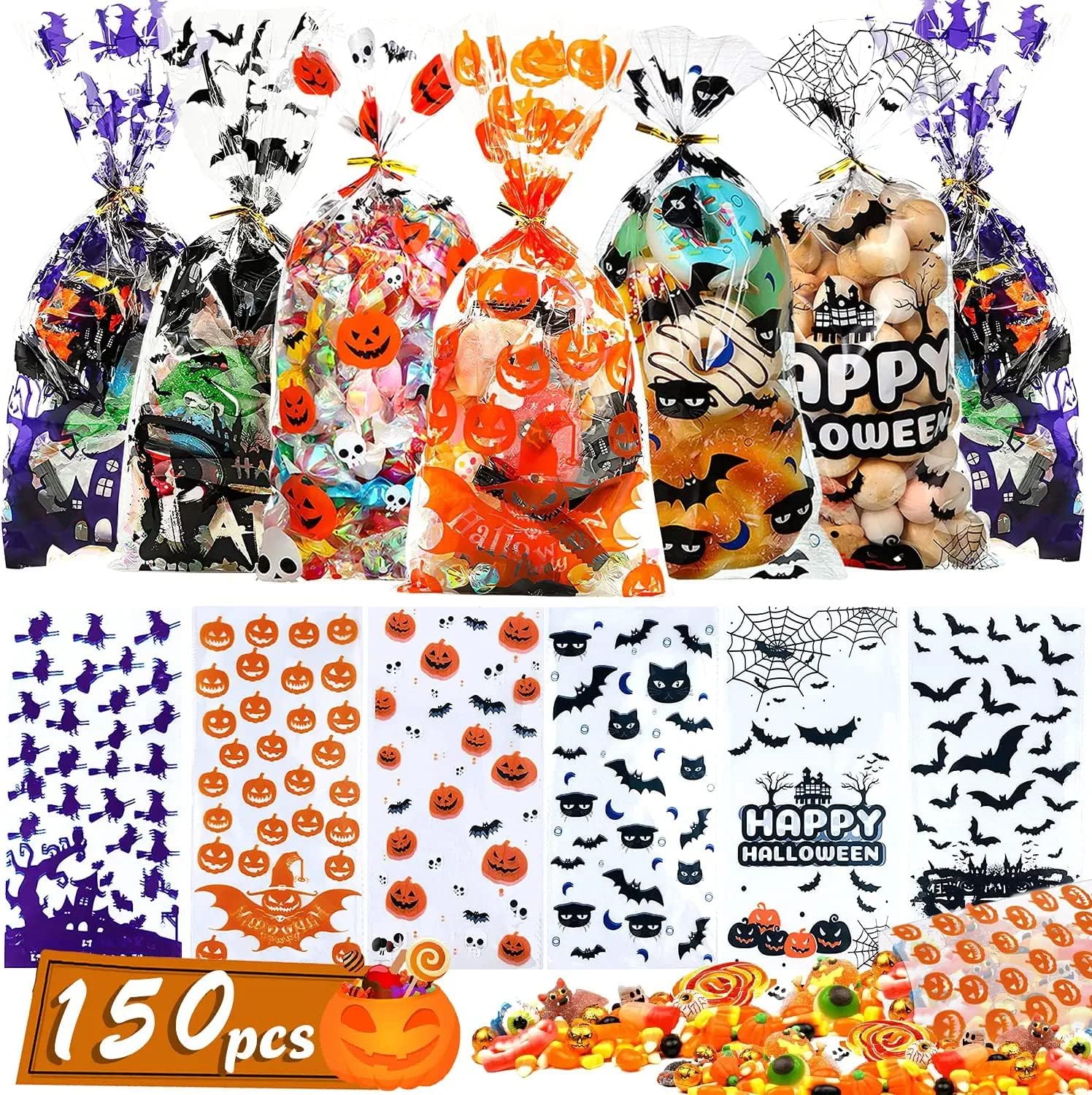 NESIMY Bolsas de golosinas de Halloween para celofán, bolsa de celofán a granel con lazos giratorios para dulce o truco, regalos y recuerdos de