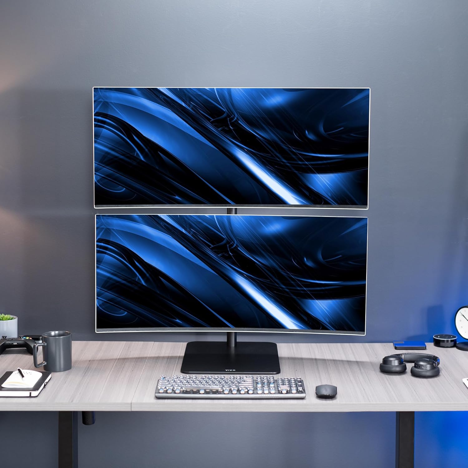 VIVO Soporte de escritorio para monitor ultra ancho doble apilado verticalmente, montaje ajustable extra alto para 2 pantallas ultraanchas de hasta