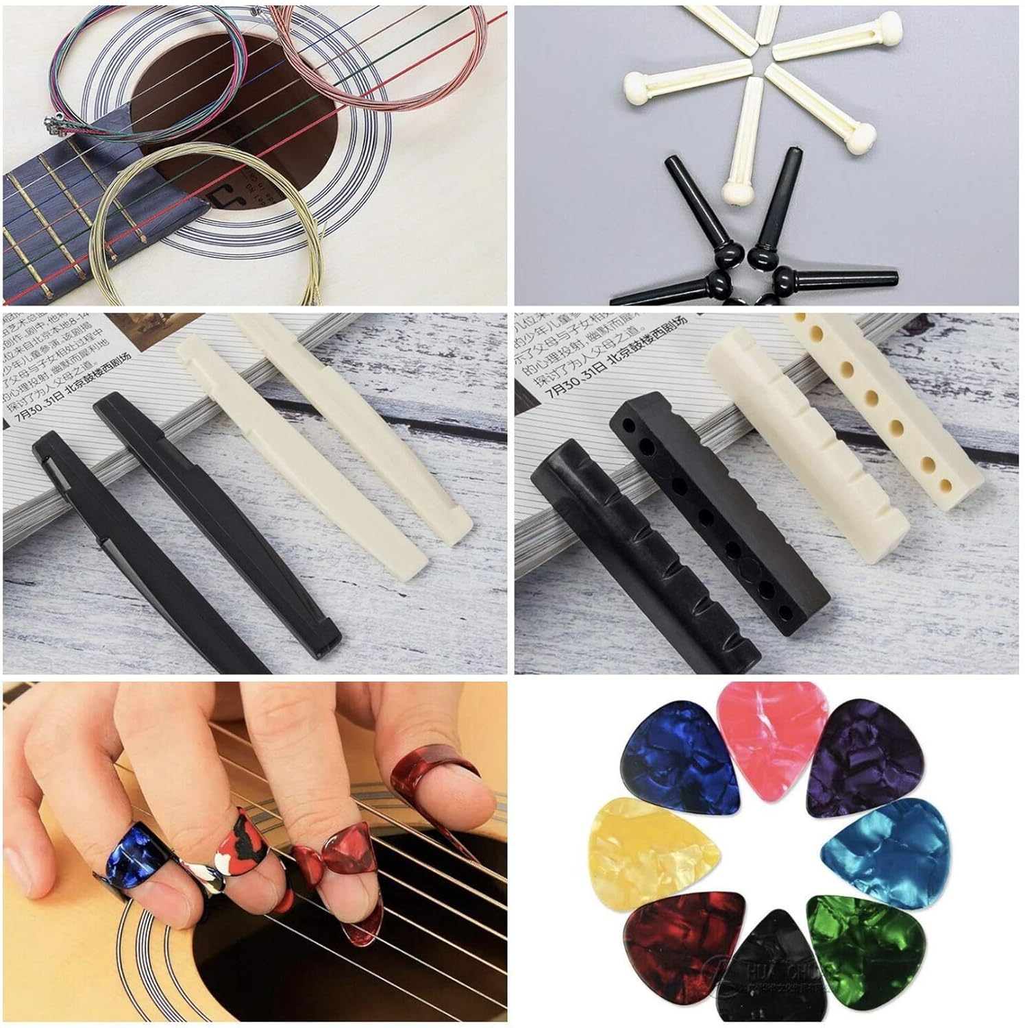 Kit de accesorios de guitarra de 65 piezas, incluyendo cuerdas de guitarra, púas, cejilla, púas de dedo del pulgar, enrollador de cuerda, pasadores