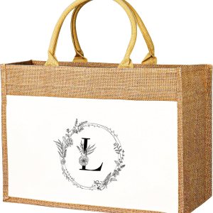 JUSTOTRY Bolsa de mano con inicial, yute natural, grande, 13 onzas, personalizada, bolsa de lona con monograma, regalo para mujer JUSTOTRY Bolsa de mano con inicial, yute natural, grande, 13 onzas, personalizada, bolsa de lona con monograma, regalo para mujer