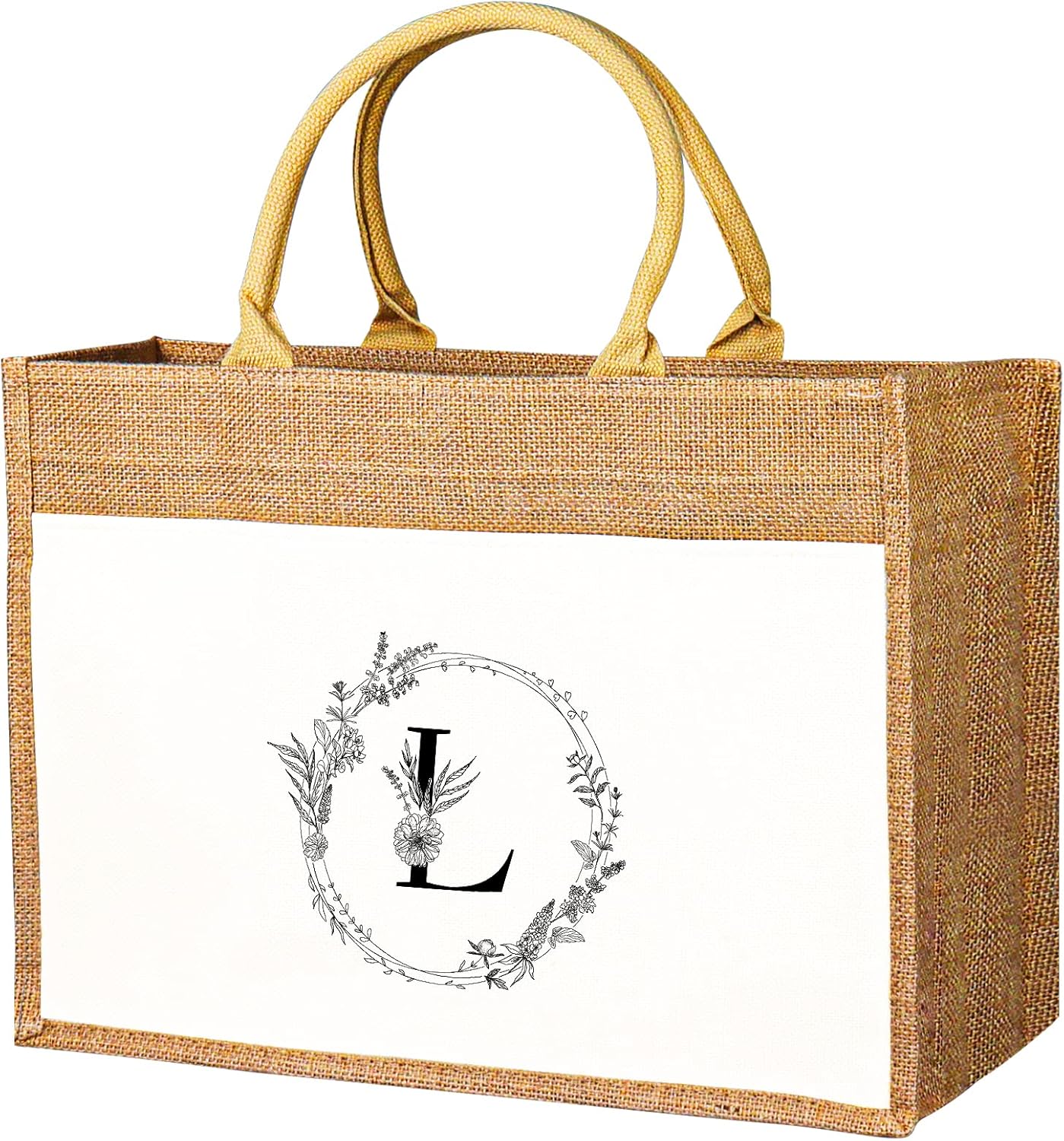 JUSTOTRY Bolsa de mano con inicial, yute natural, grande, 13 onzas, personalizada, bolsa de lona con monograma, regalo para mujer