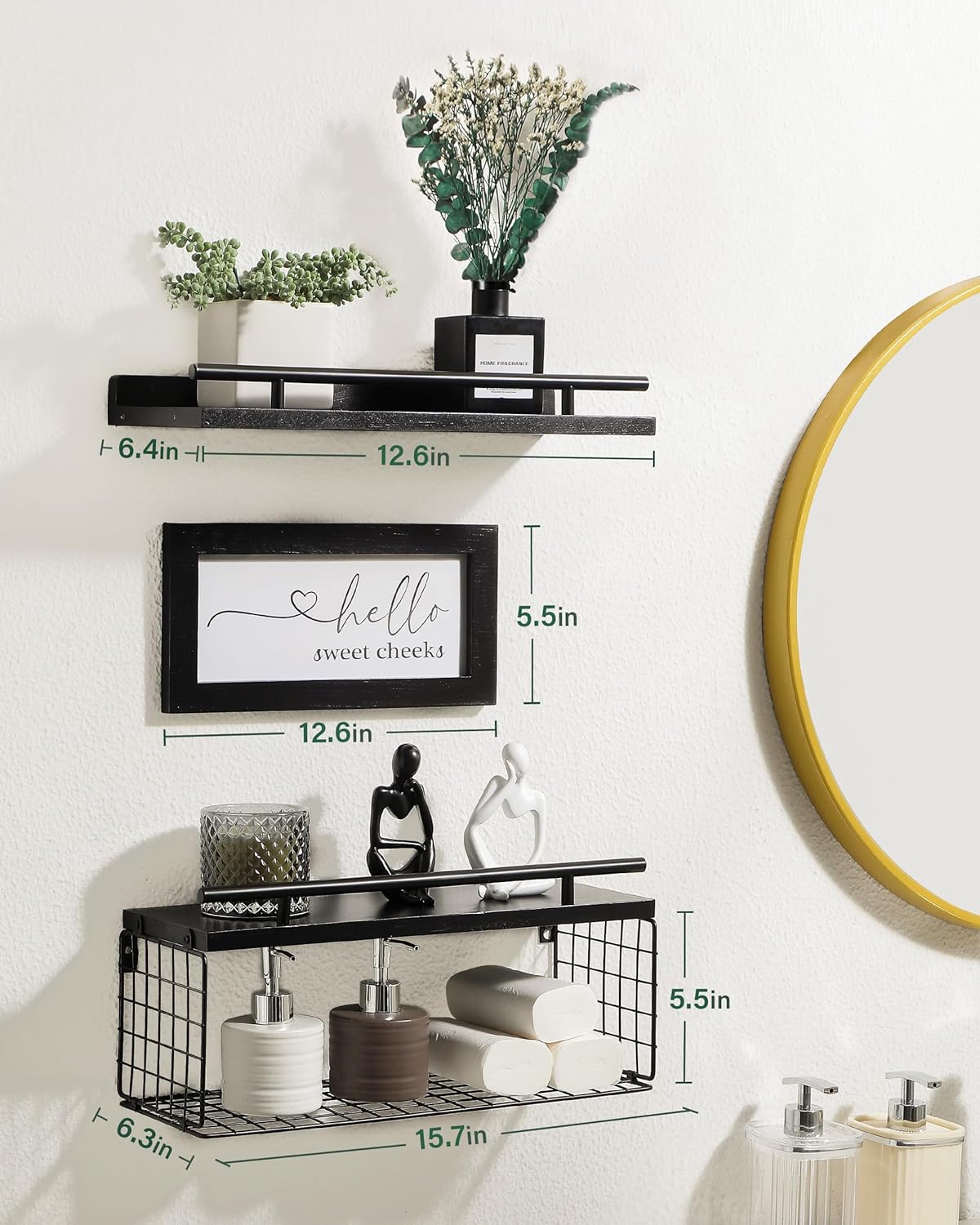 ZORCOR Estantes flotantes con letrero de decoración de baño, cesta de almacenamiento de papel higiénico de granja de madera, juego de 3, estante