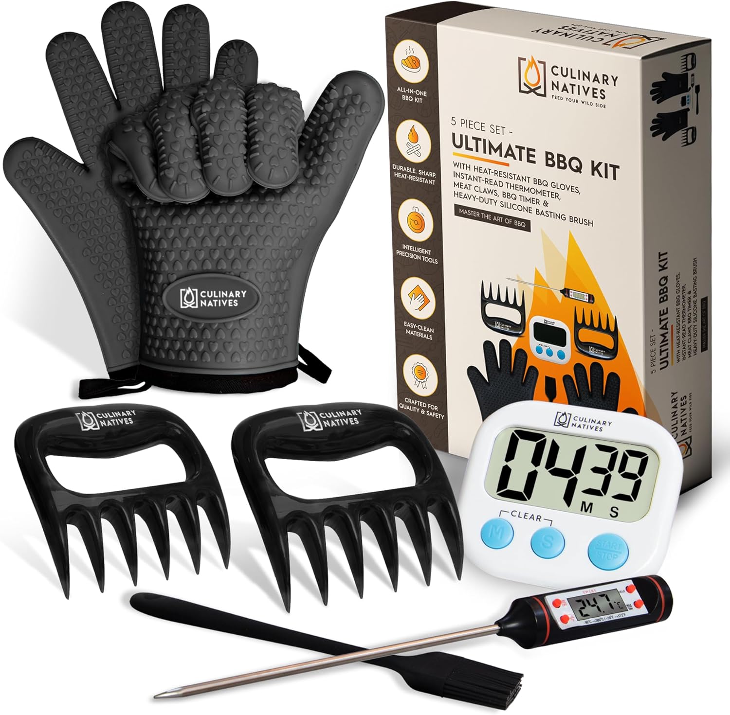 Juego de accesorios para ahumadores – Guantes de horno para parrilla, garras de barbacoa, termómetro de carne, temporizador y cepillo de silicona