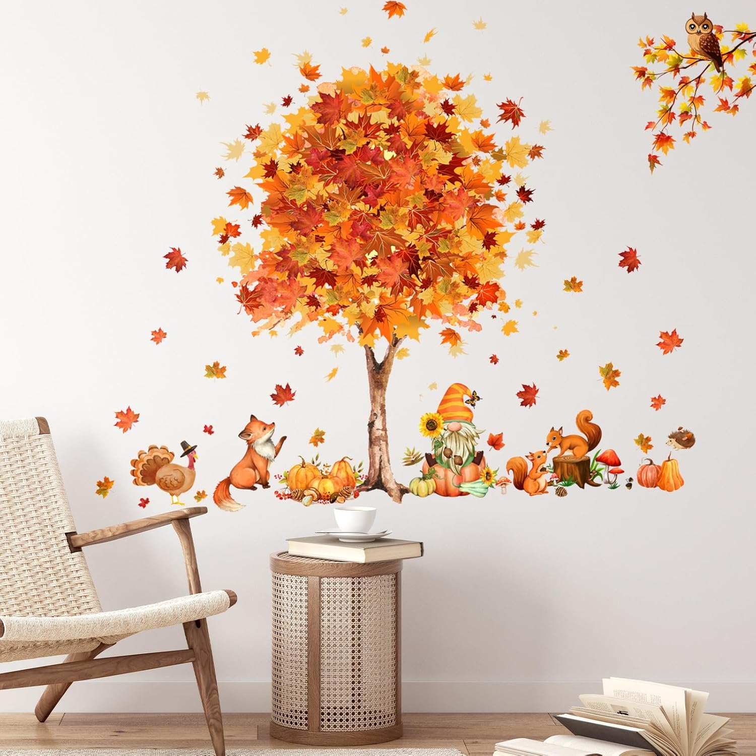 Calcomanías de pared de árbol de Acción de Gracias de gran tamaño, calcomanías de pared de hojas de arce, cosecha de otoño, calabaza, árbol,