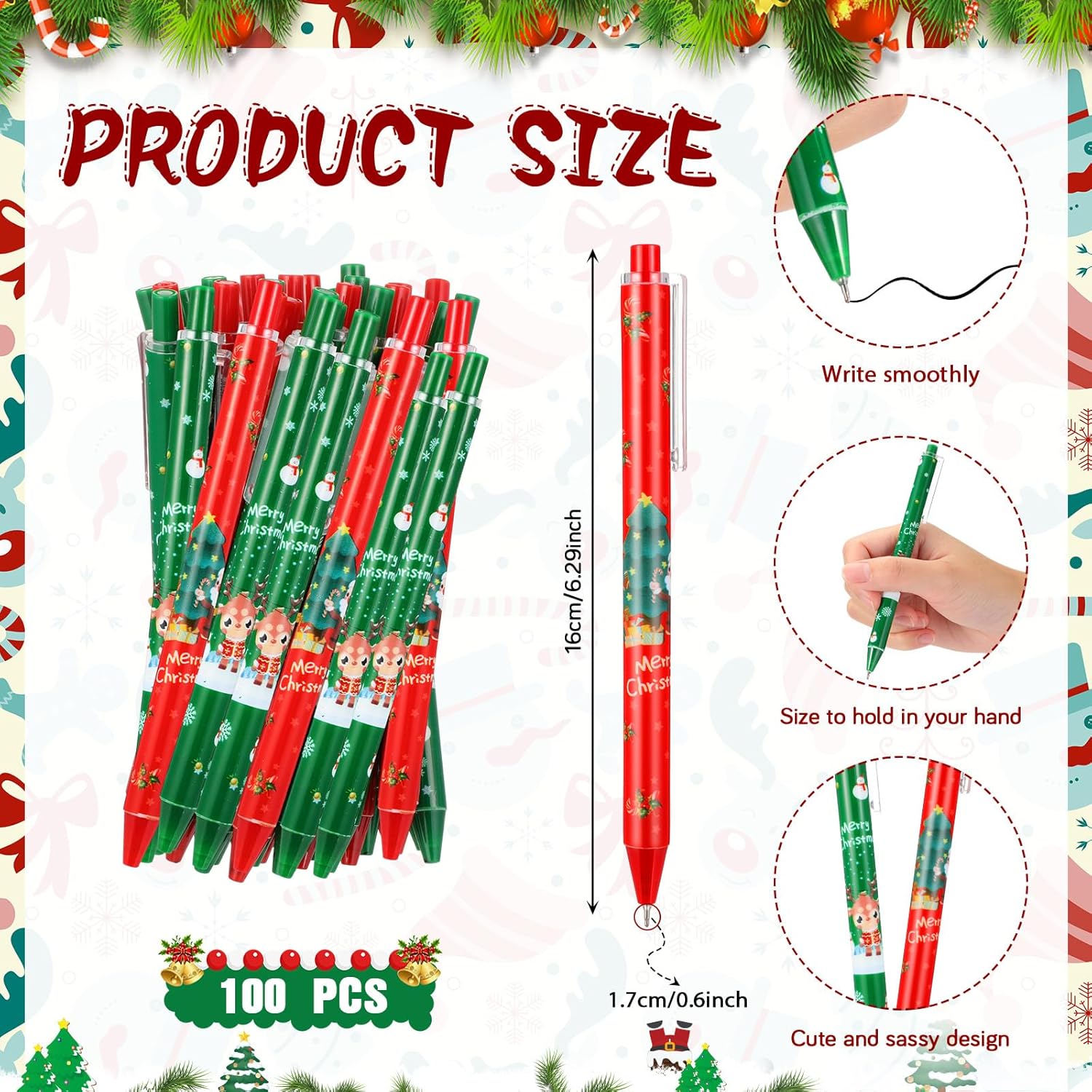 Qilery 100 bolígrafos de Navidad, regalos a granel para compañeros de trabajo, niños y adultos, bolígrafos de tinta de Navidad, regalos de Navidad,