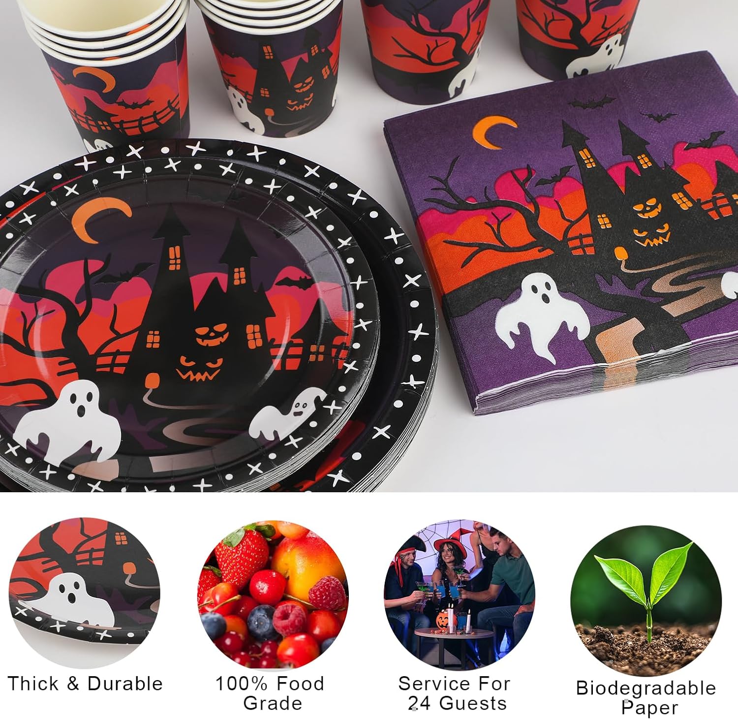 DIYASY Platos y servilletas de Halloween, suministros para fiesta, platos de papel y tazas, platos desechables para cena, platos de postre a granel,