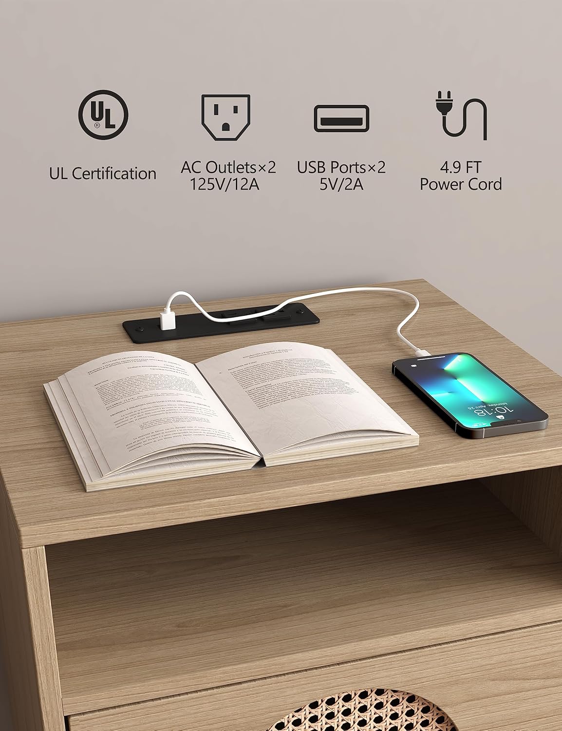 KIETLER Mesita de noche de ratán con estación de carga, mesa auxiliar bohemia, mesa auxiliar con puertos USB y tomas de corriente, 1 almacenamiento