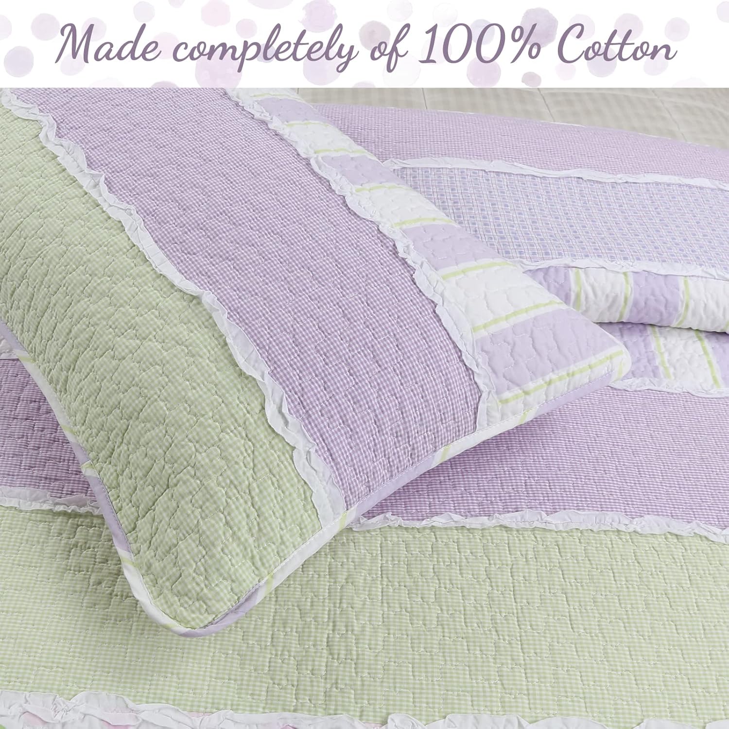 Cozy Line Home Fashions Juego de ropa de cama reversible de algodón con estampado de lunares y lunares blancos con volantes y retazos
