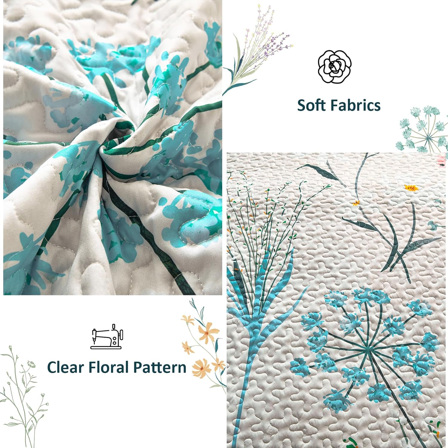 Juego de edredón floral tamaño Queen, juego de colcha botánica beige de 3 piezas de microfibra suave y ligera para todas las estaciones, 96 x 90