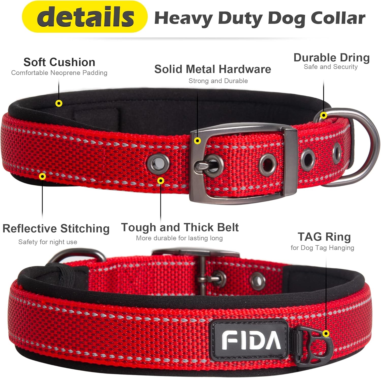 Fida Collar para perro resistente, ultra cómodo y acolchado de neopreno suave, collar de nailon reflectante ajustable para mascotas con hebilla de