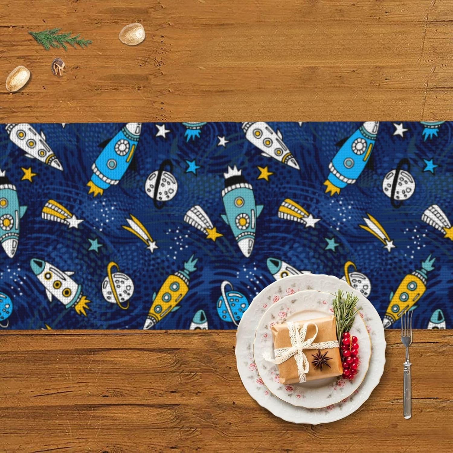 Camino de mesa de Navidad de dibujos animados, cohetes, planetas, estrellas, camino de mesa de comedor, decoración de Navidad, decoración de