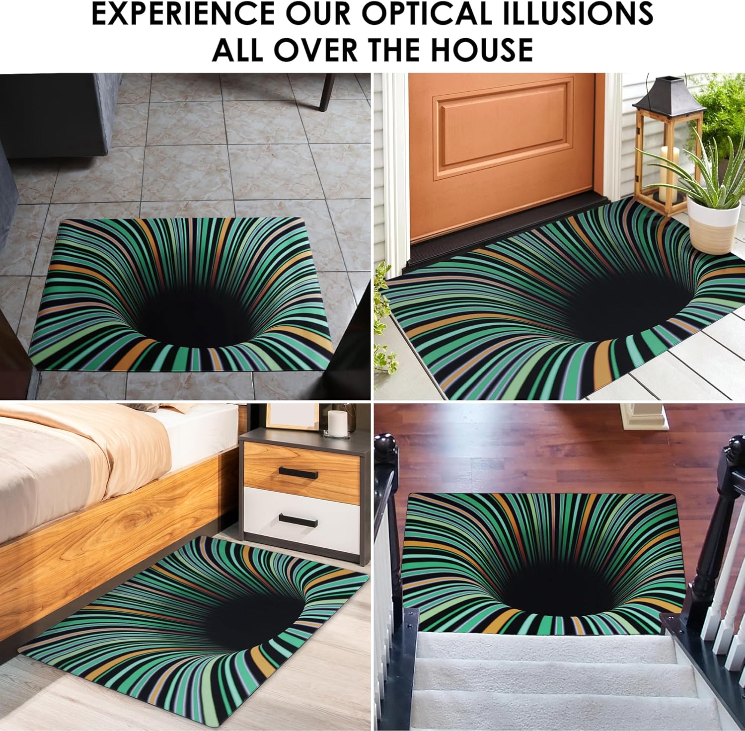 Unusuall Alfombra de ilusión óptica 3D, tapete de ilusión vórtice para puerta, baño, escaleras, sala de juegos, sala de estar o área (colorido, 42 x